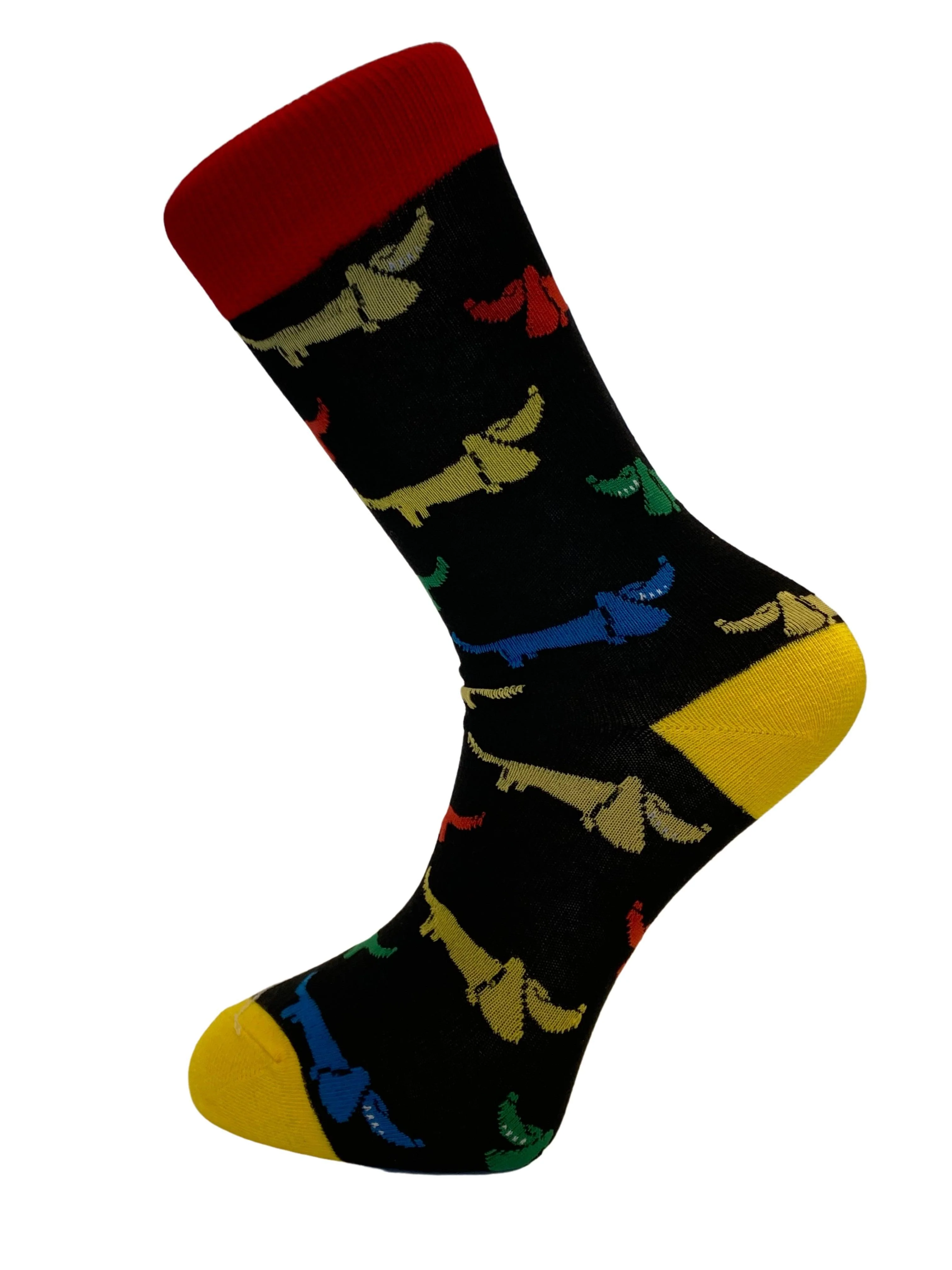 black socks with multicoloured dog design
