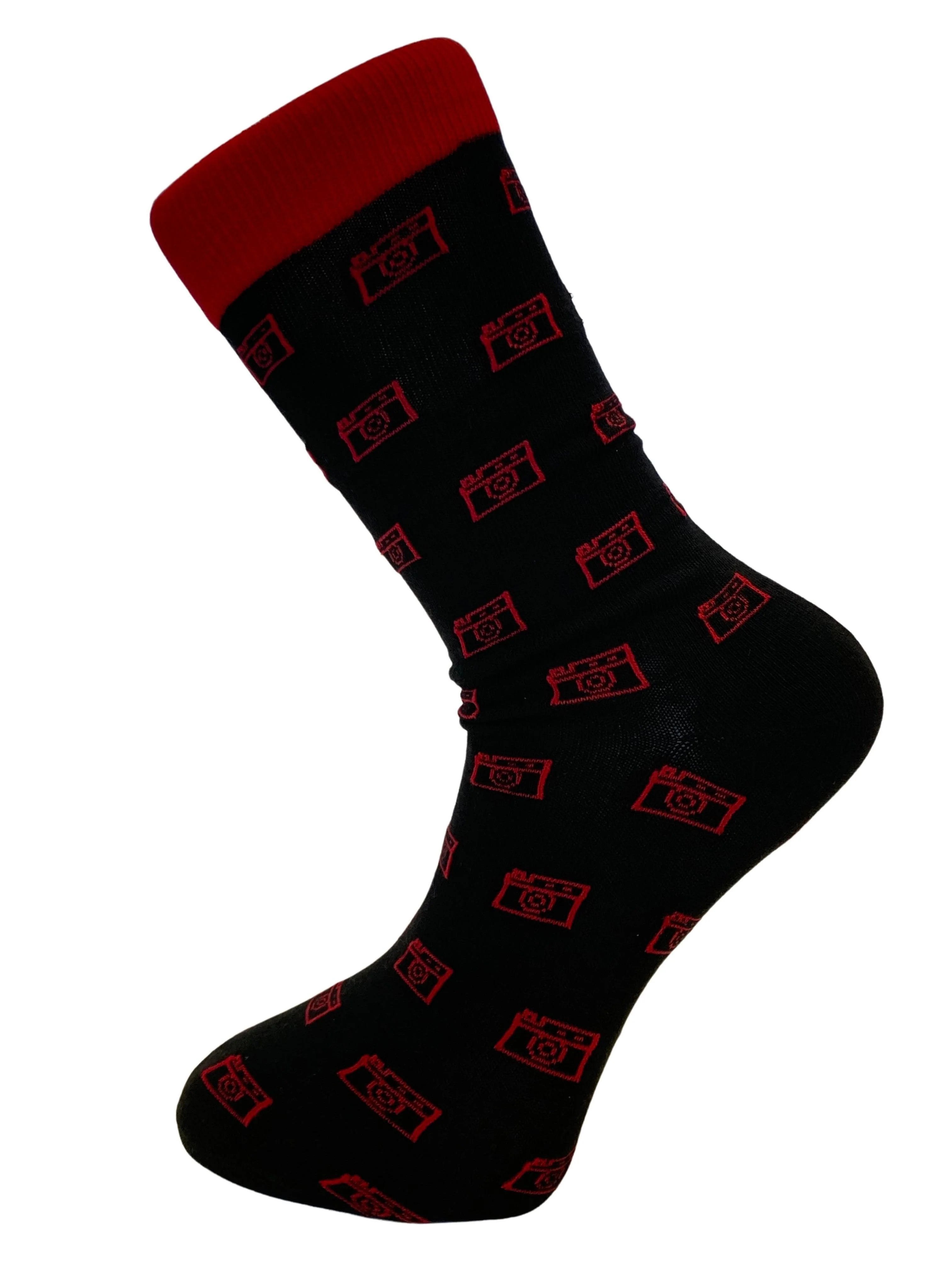 black and red mens socks with camera design