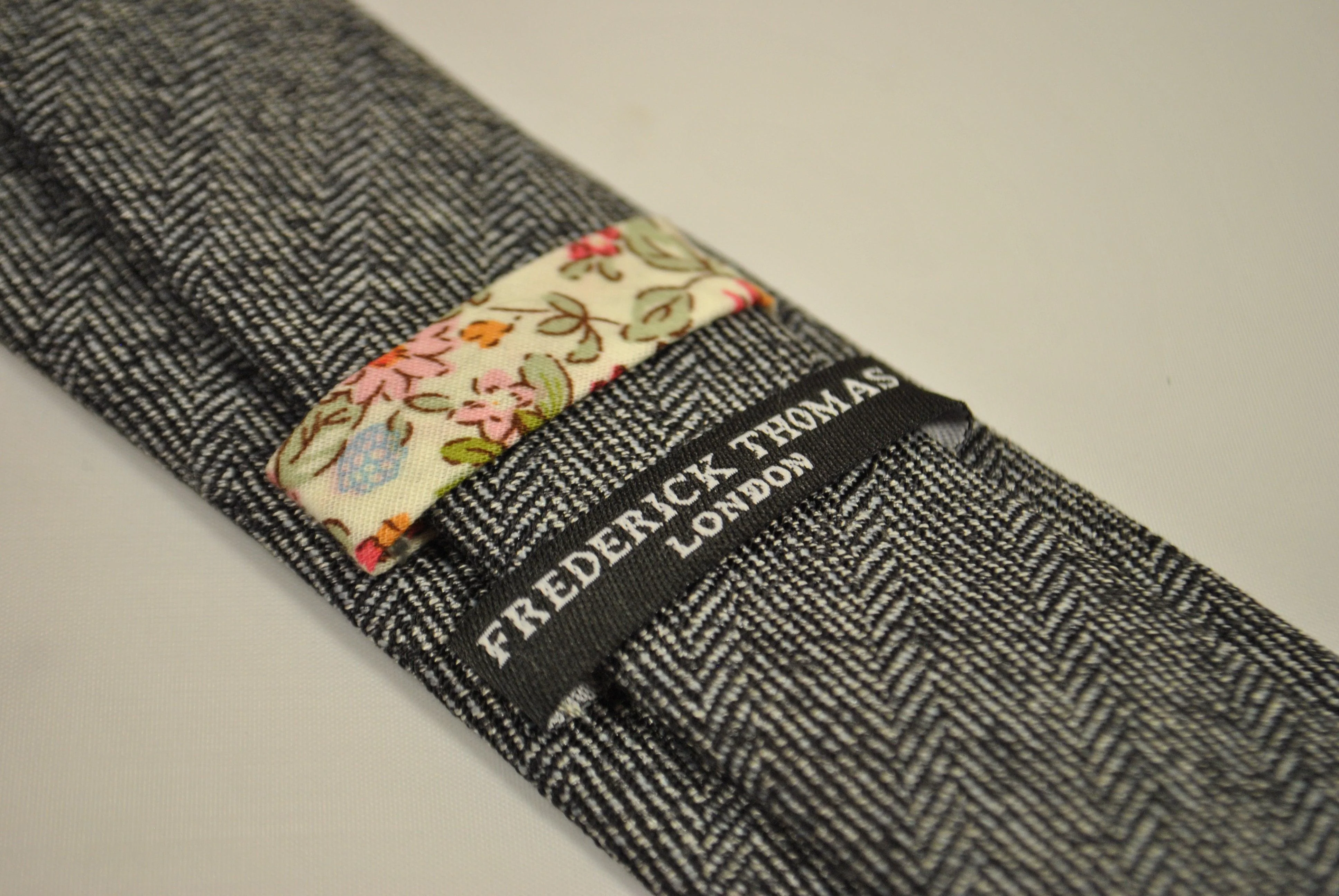 black and white herringbone tweed/wool tie - Image 2