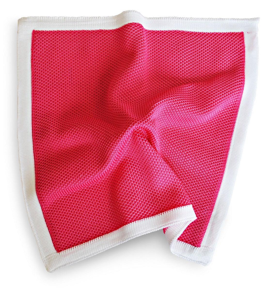 bright pink knitted pocket square with white edging - Image 4