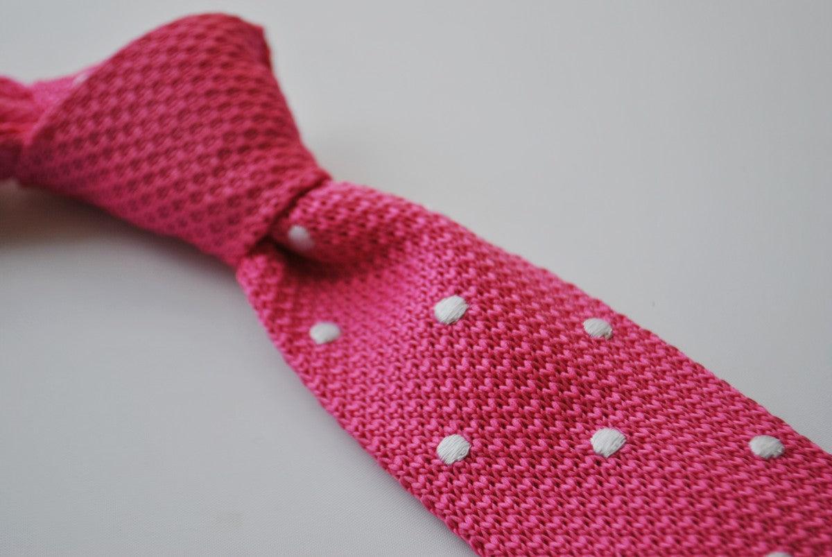 bright pink skinny knitted tie with white polka dots - Image 4