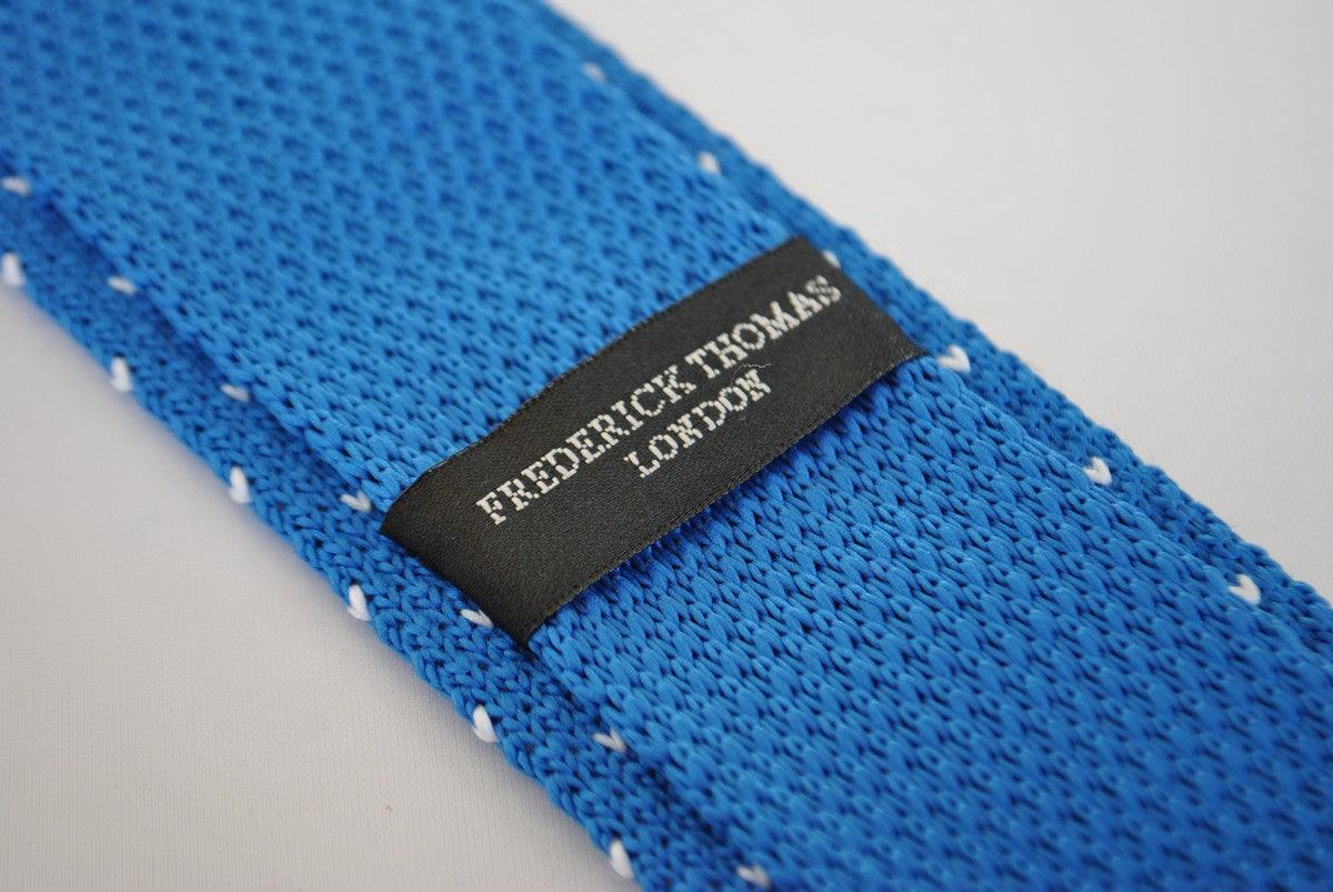 bright royal blue skinny knitted tie with white polka dots - Image 5