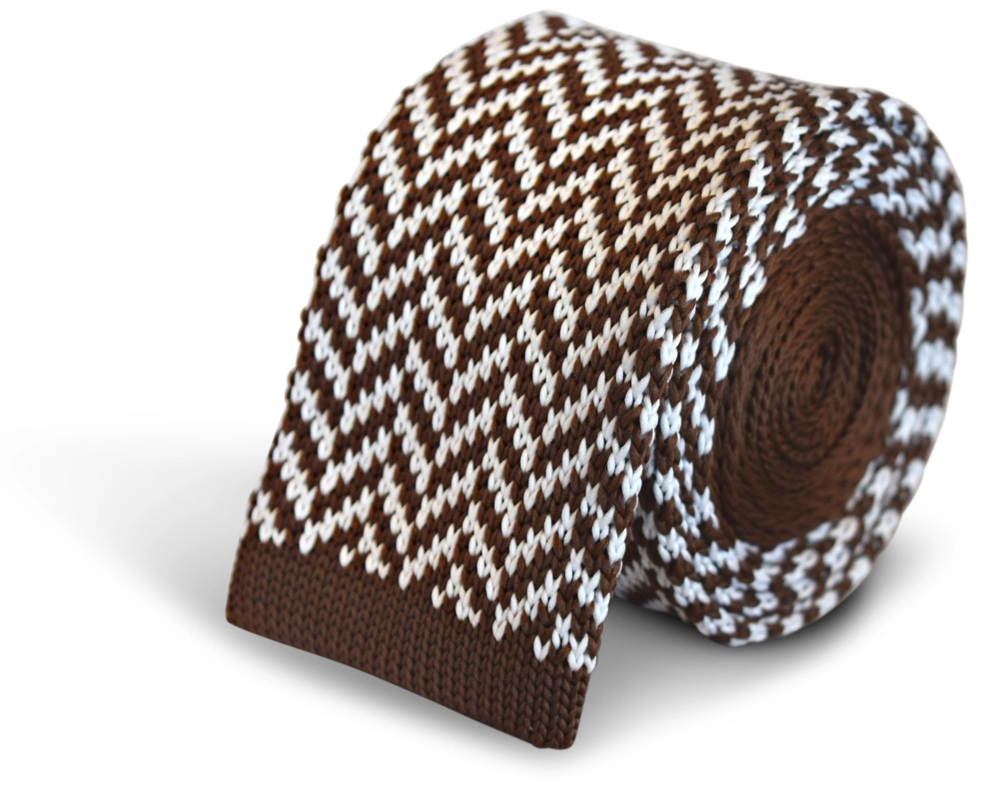 brown and white herringbone knitted tie - Image 2