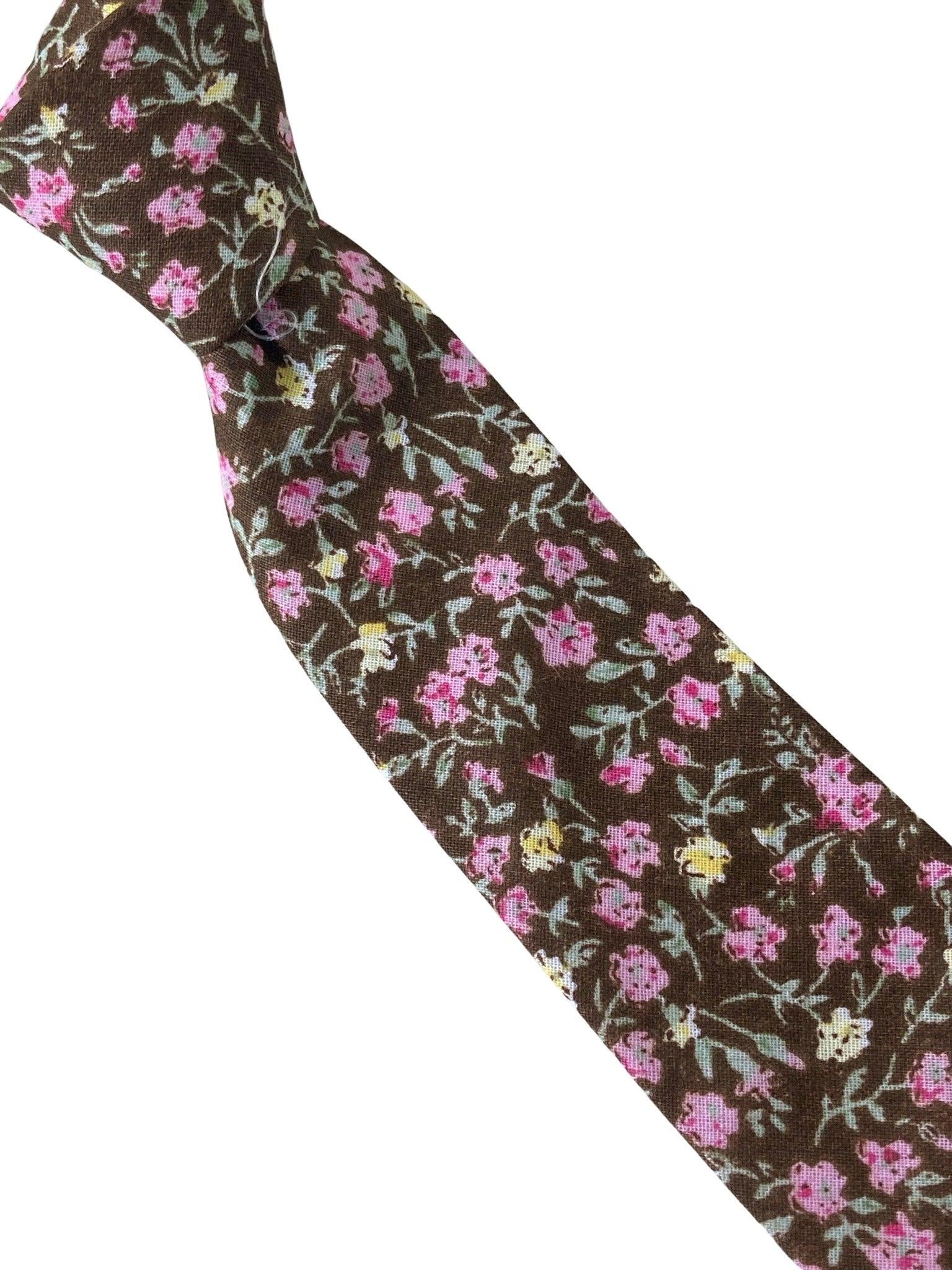 brown with pink floral design mens classic width 100% cotton tie - Image 4