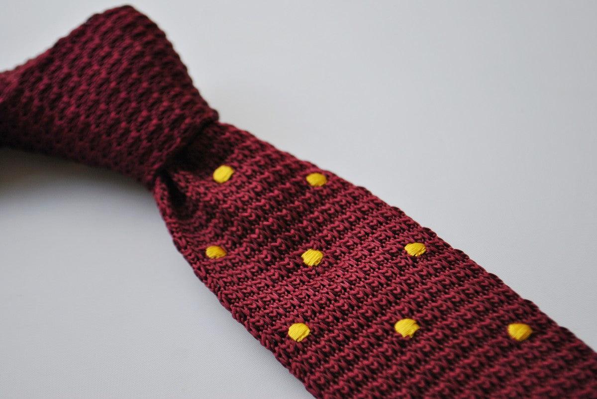 burgundy skinny knitted tie with gold polka dots - Image 2
