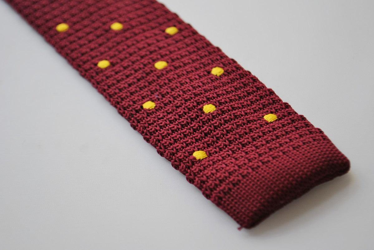 burgundy skinny knitted tie with gold polka dots - Image 3