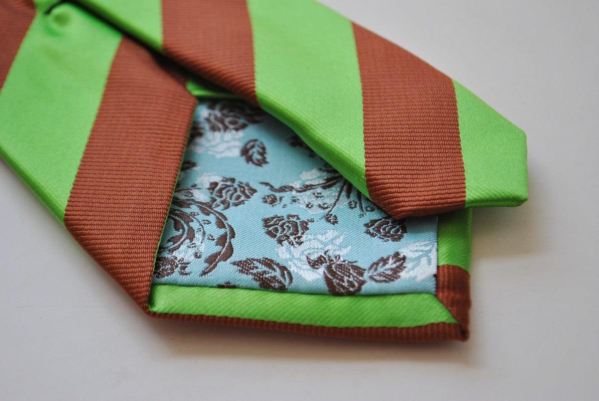 chocolate brown and bright apple green barber striped tie - Image 3