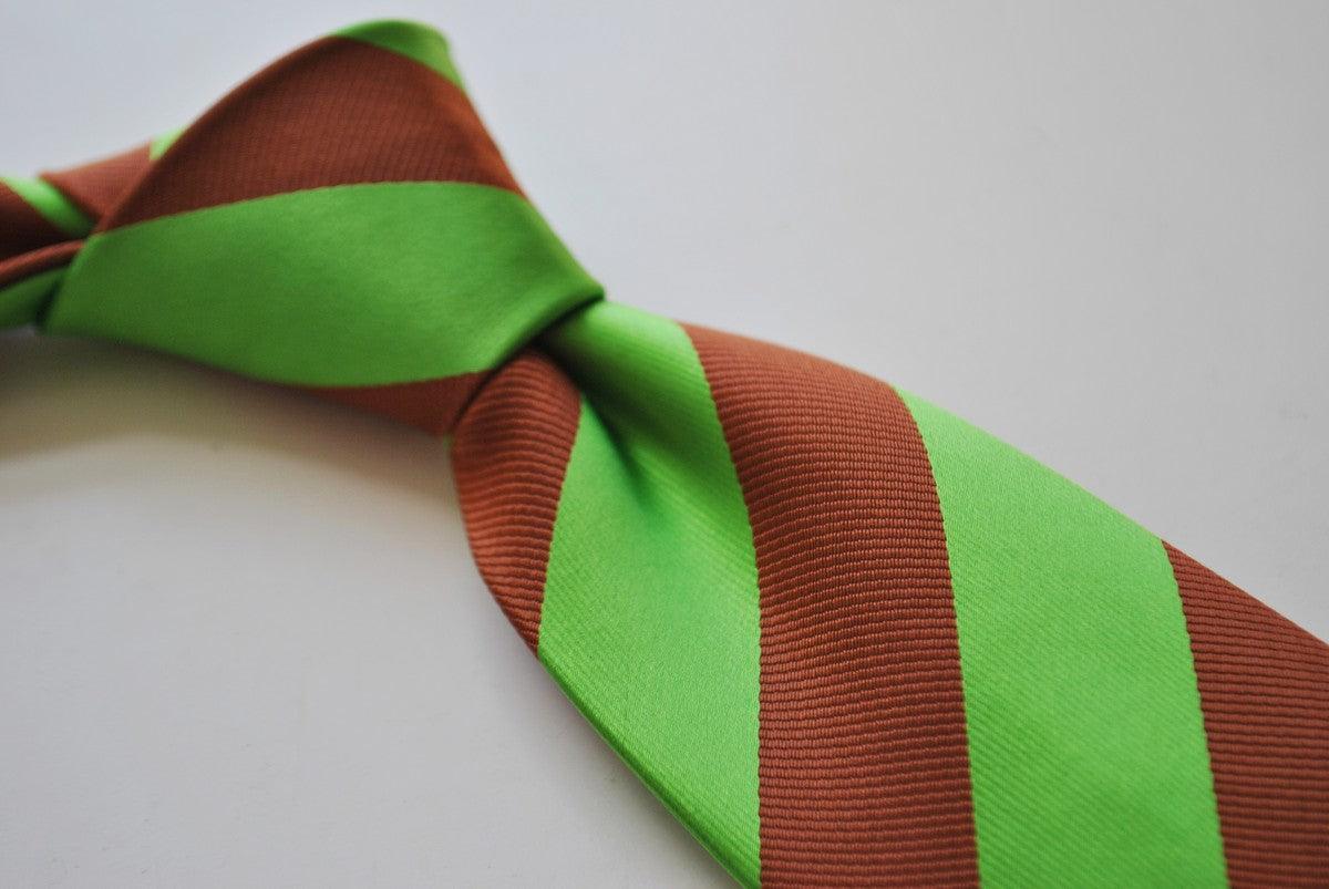 chocolate brown and bright apple green barber striped tie - Image 4