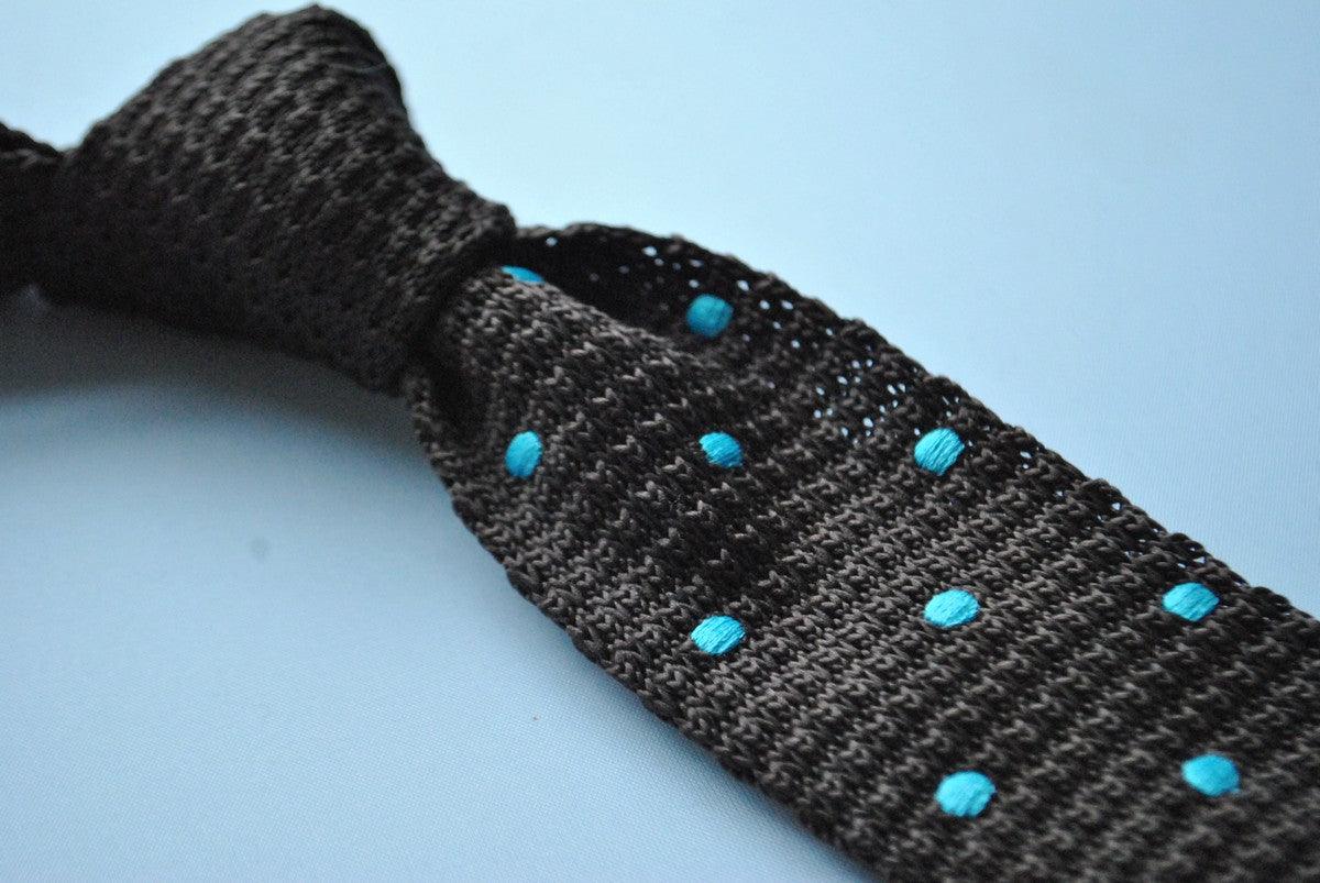 chocolate brown skinny knitted  tie with turquoise polka dots - Image 3