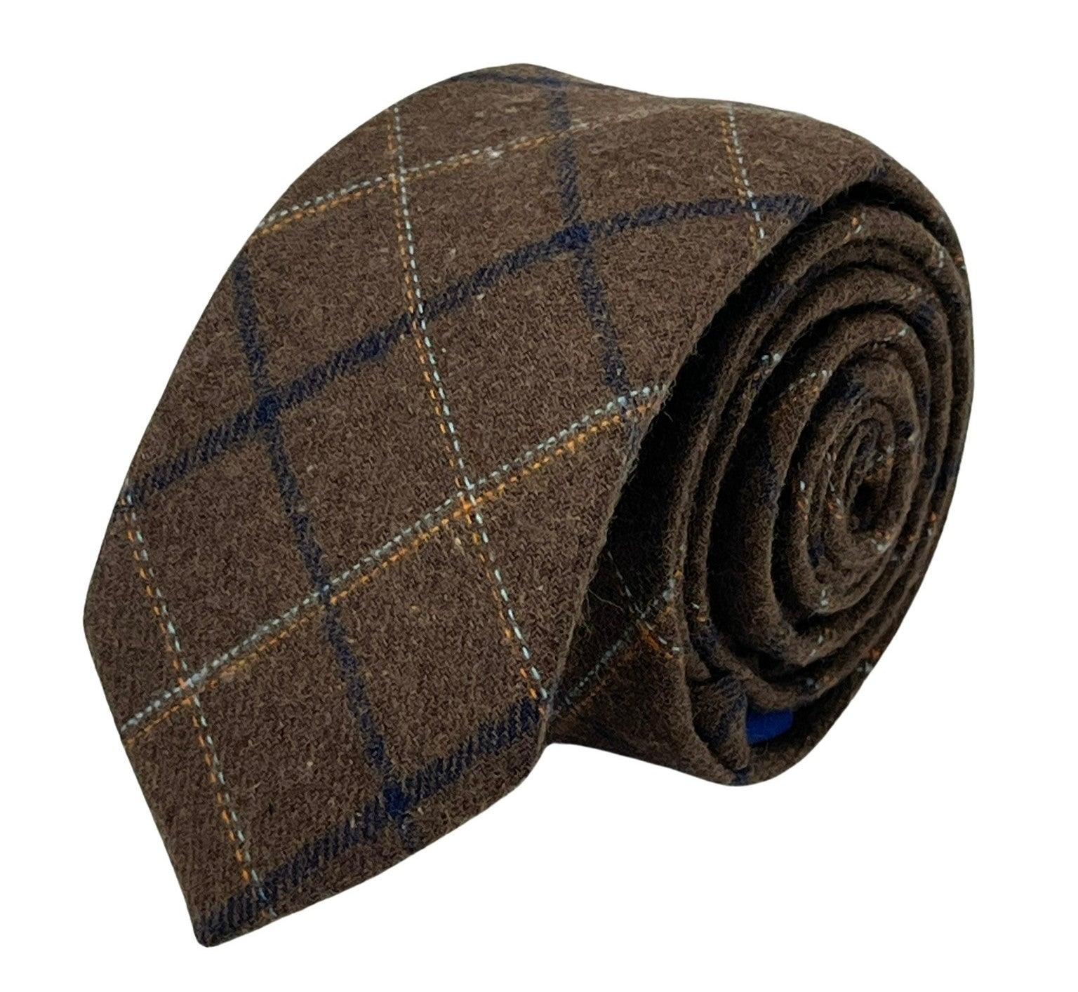 chocolate brown country tweed wool tie with blue check - Image 2