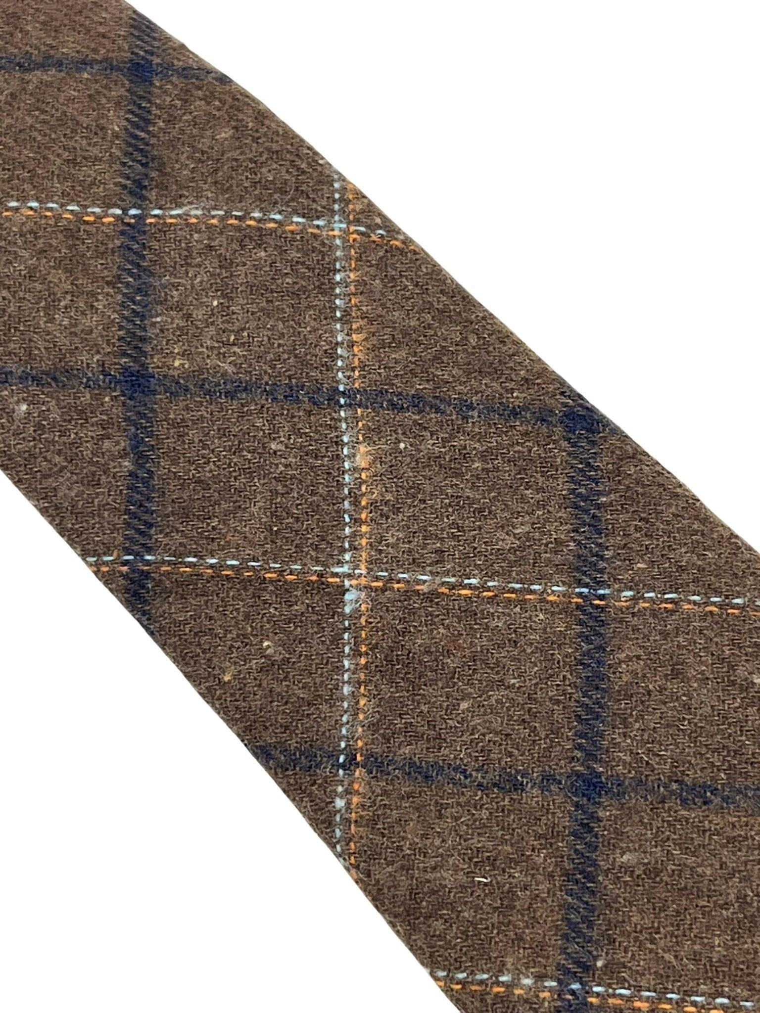 chocolate brown country tweed wool tie with blue check - Image 3