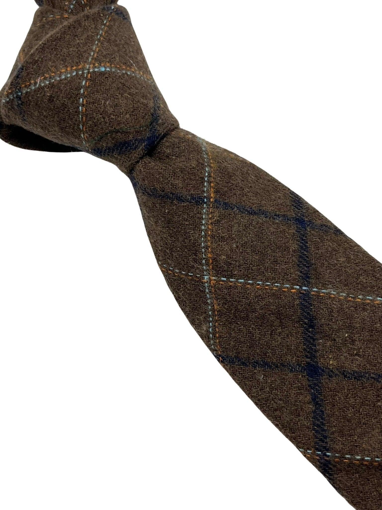 chocolate brown country tweed wool tie with blue check - Image 6
