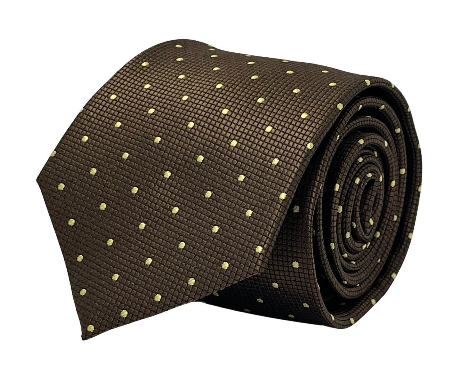 Chocolate coffee brown tie with light yellow pin spots in a subtle squared pattern - Image 2