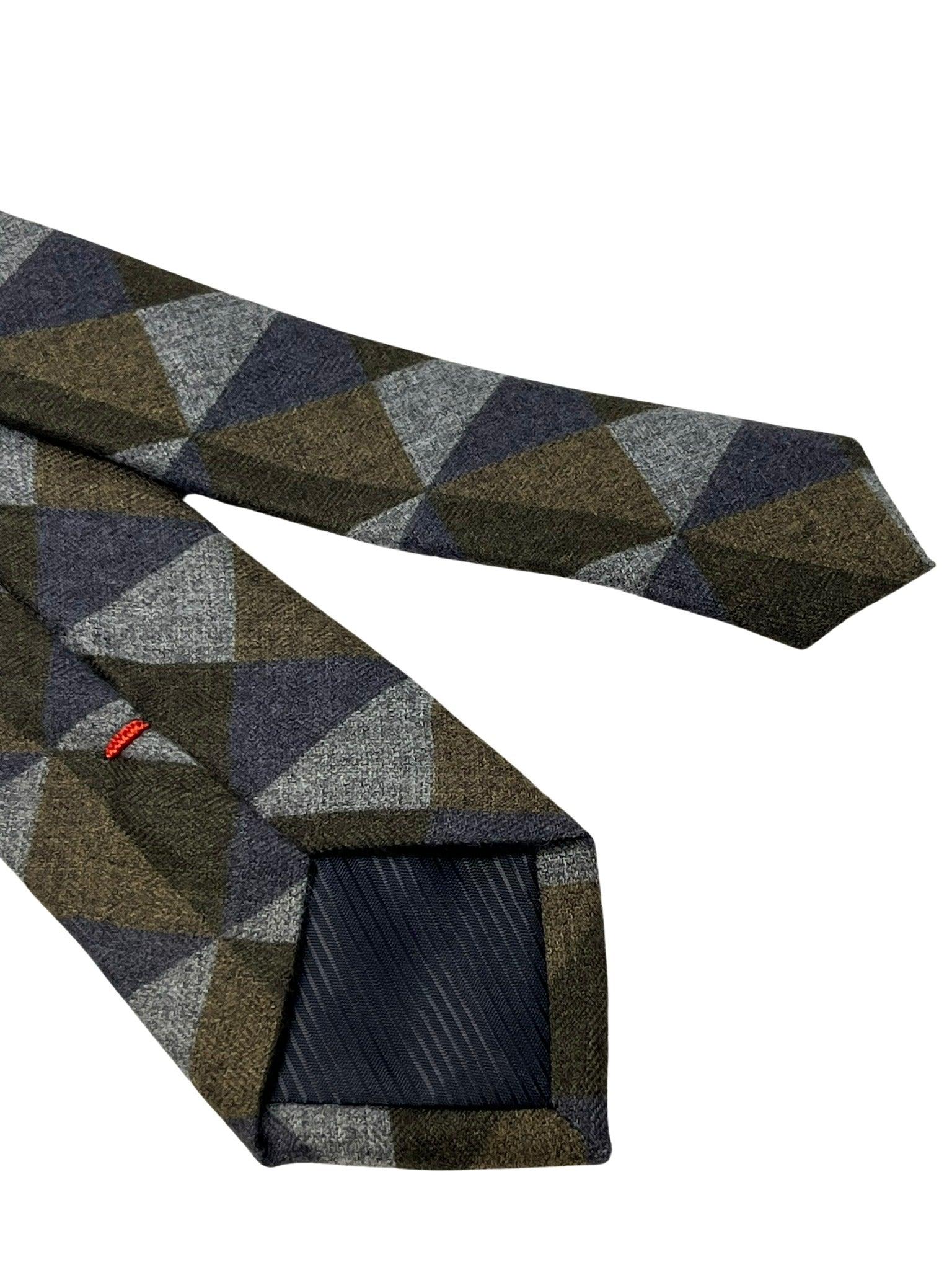 grey, blue and brown geometric triangular pattern cotton mens tie - Image 3