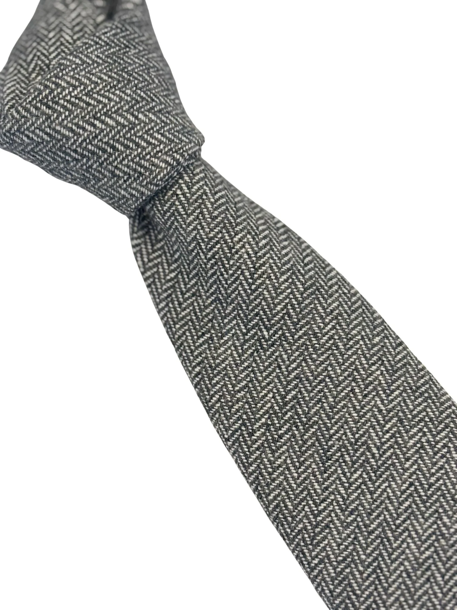 dark grey and cream wool tie with a herringbone design - Image 6
