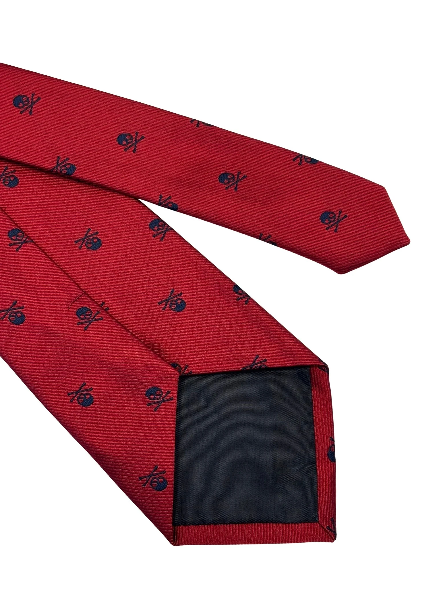 dark red tie with navy blue skull and crossbone design - Image 5