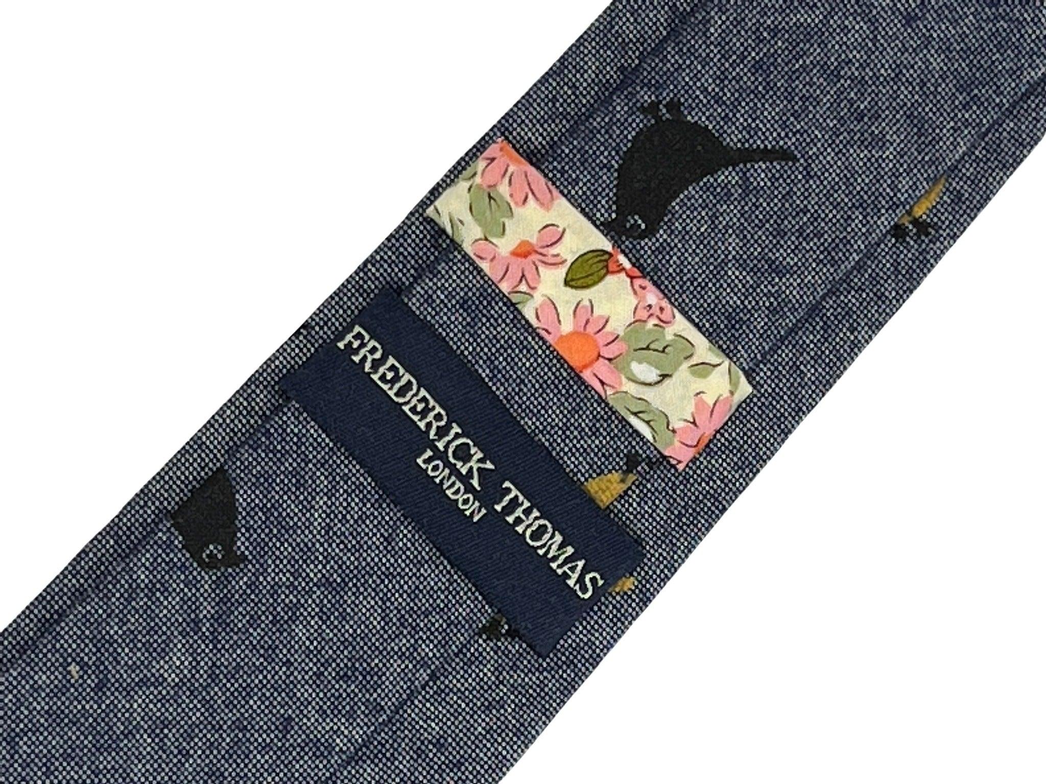 denim medium blue cotton tie with bird design - Image 3