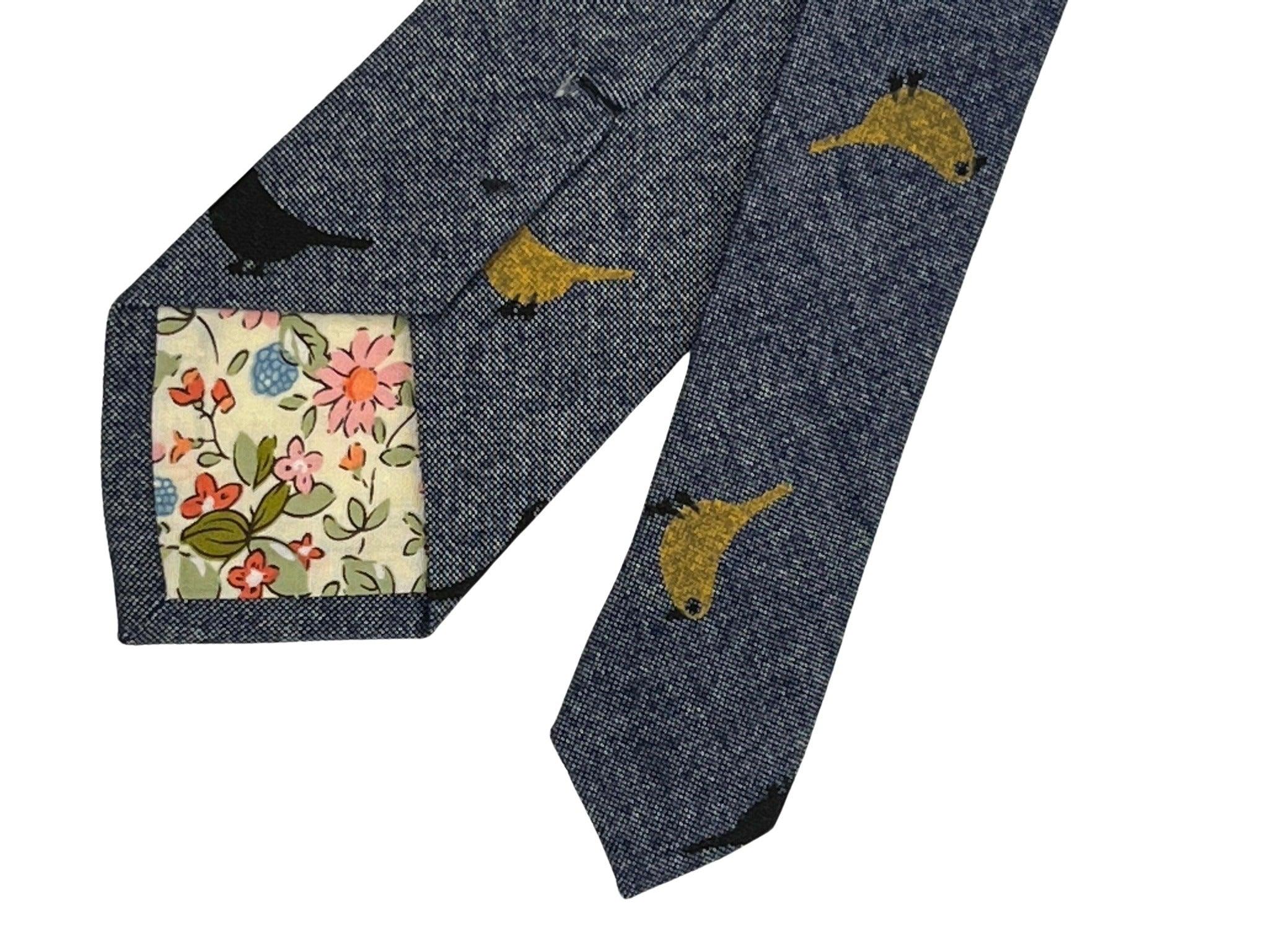 denim medium blue cotton tie with bird design - Image 4