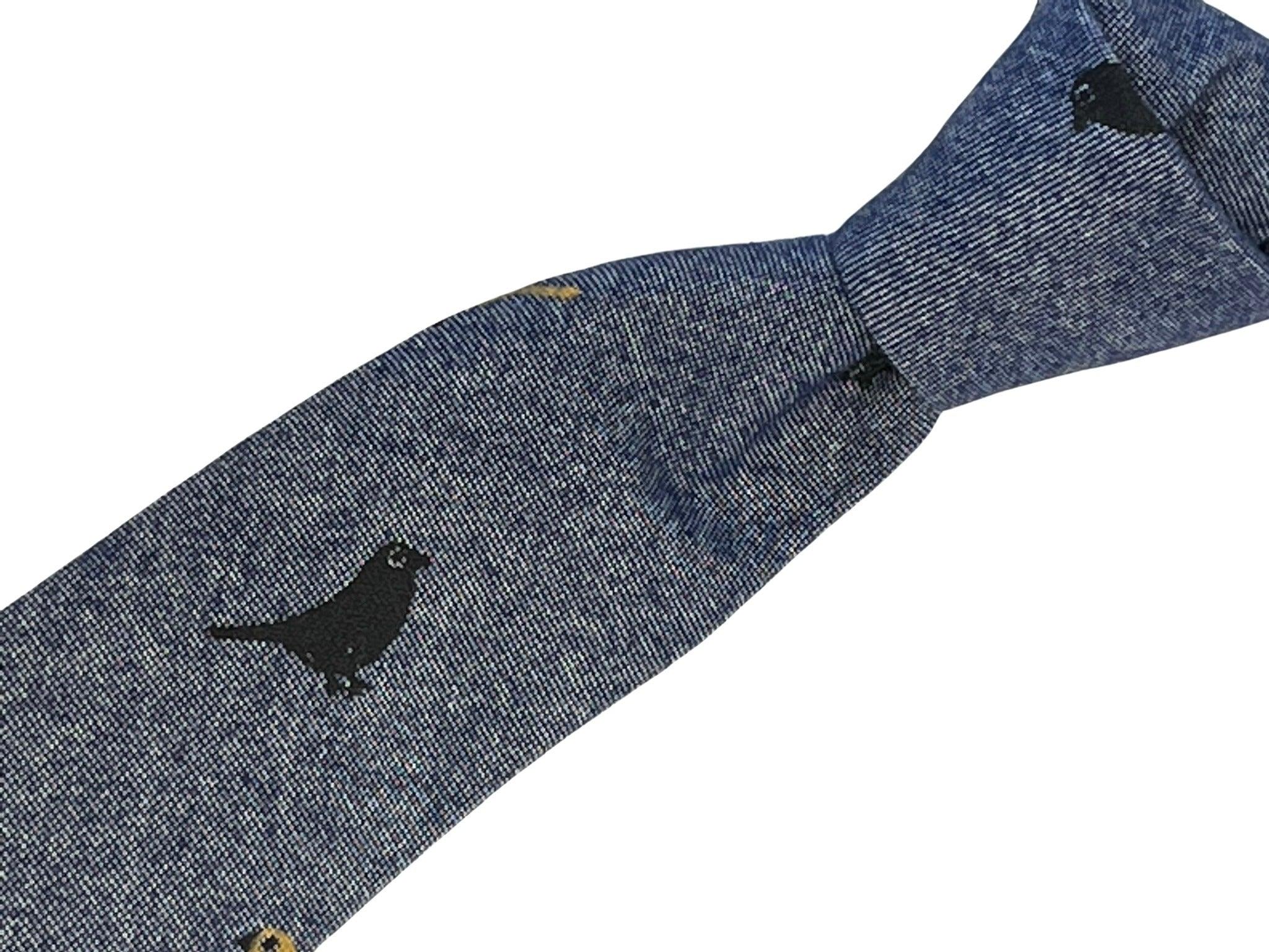 denim medium blue cotton tie with bird design - Image 5