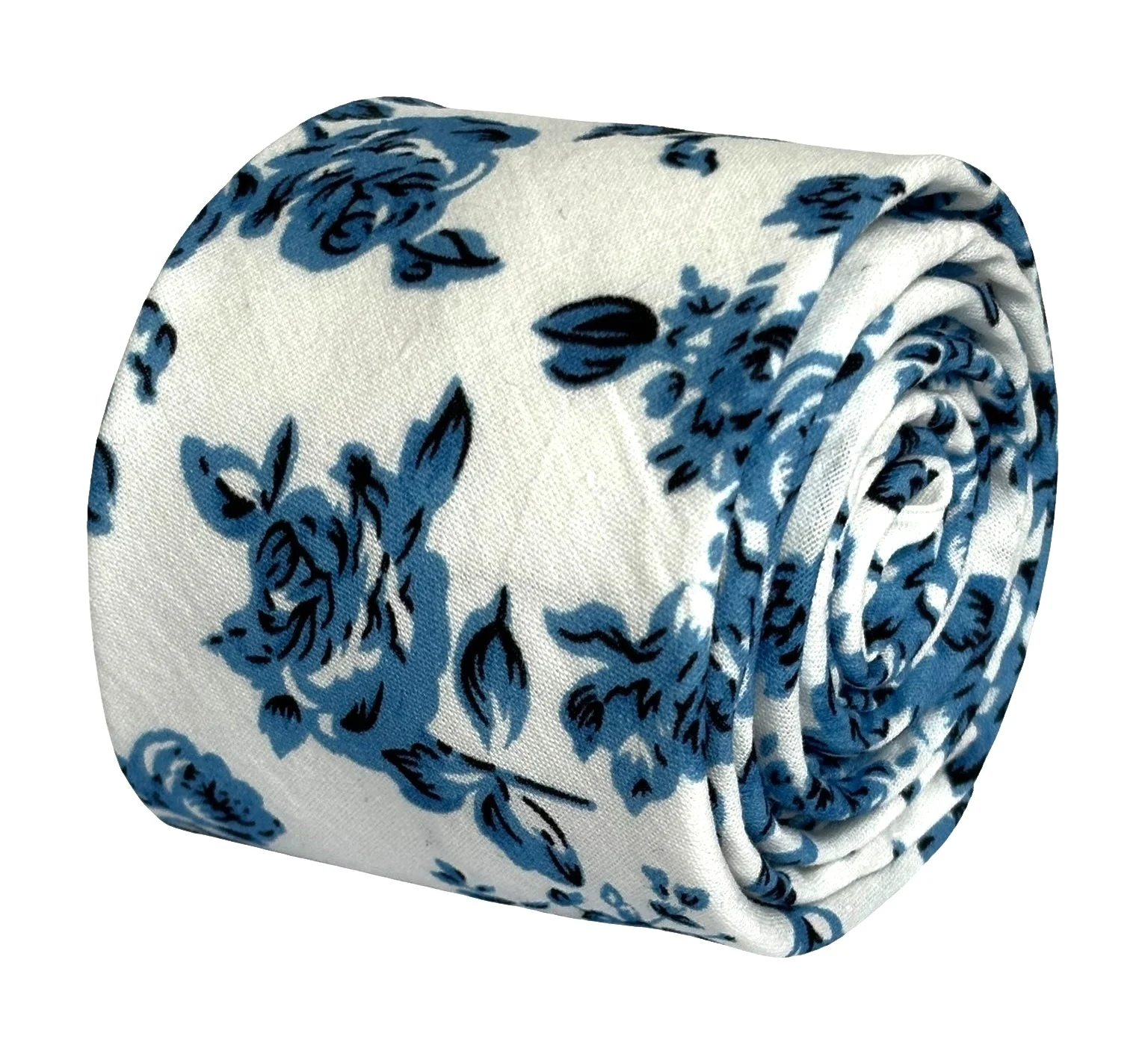 ivory cotton tie with blue rose design and matching pocket square - Image 2