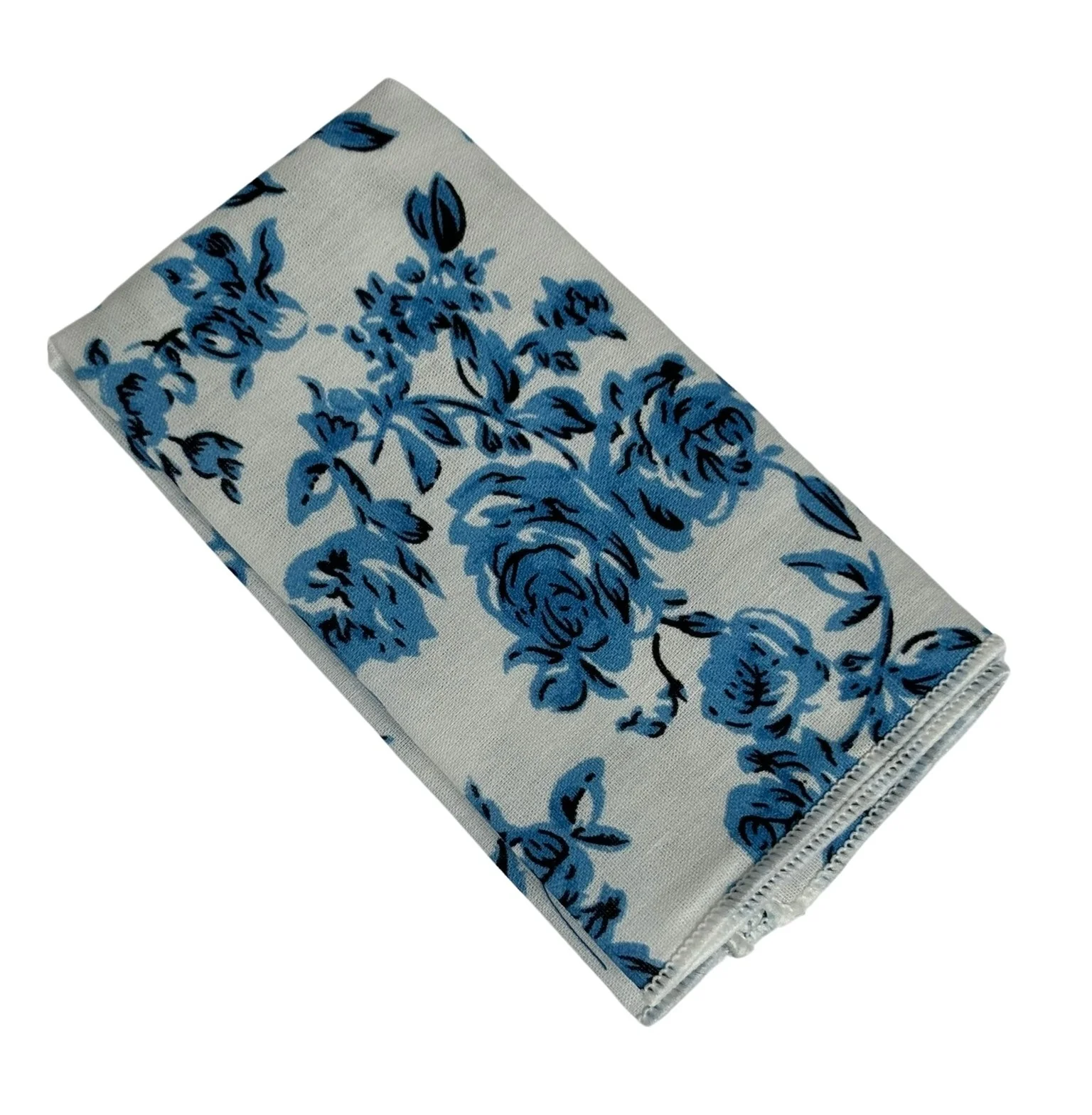 ivory cotton tie with blue rose design and matching pocket square - Image 3