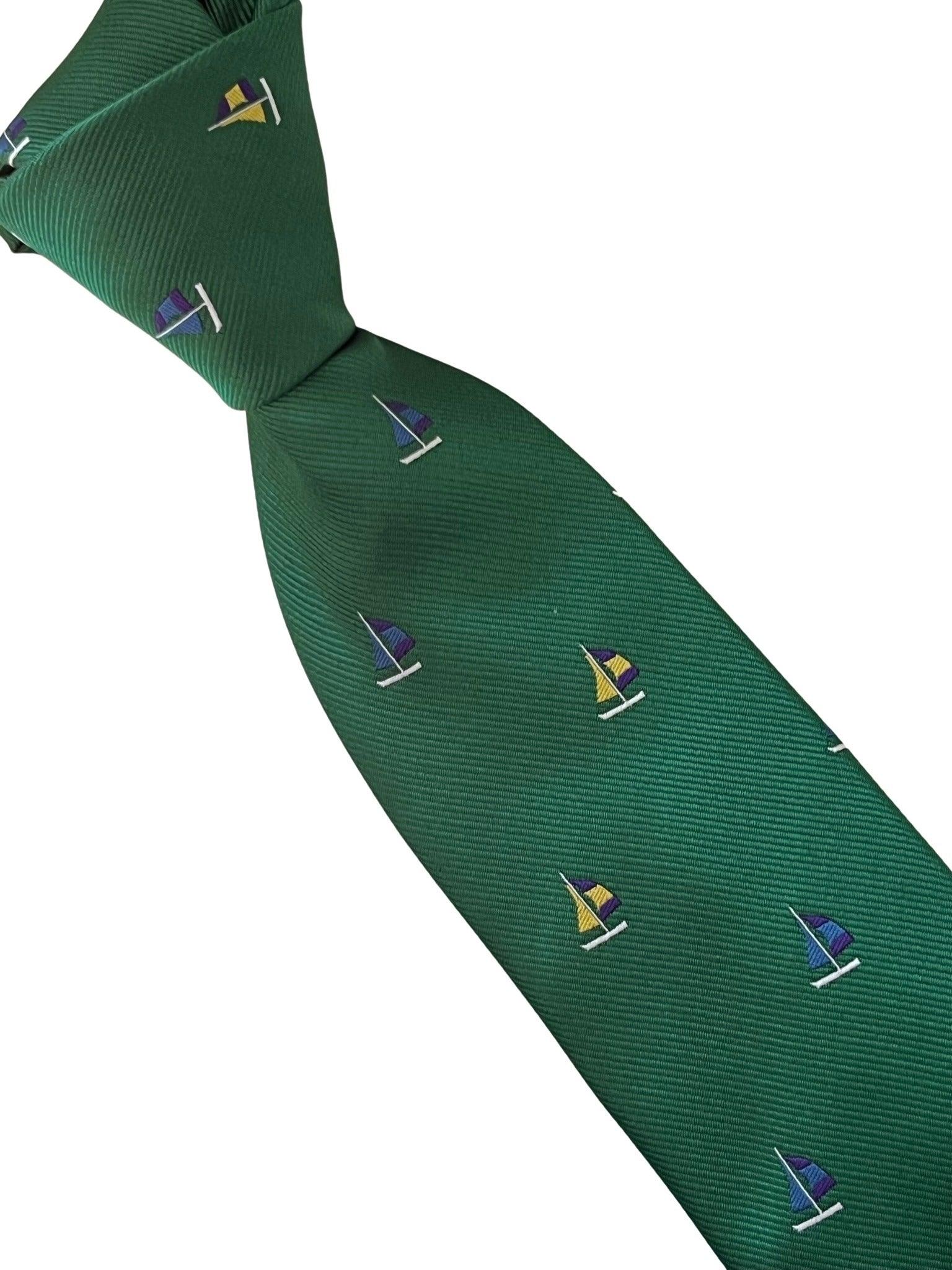 emerald dark green tie with yacht sailing boat embroidered design - Image 5