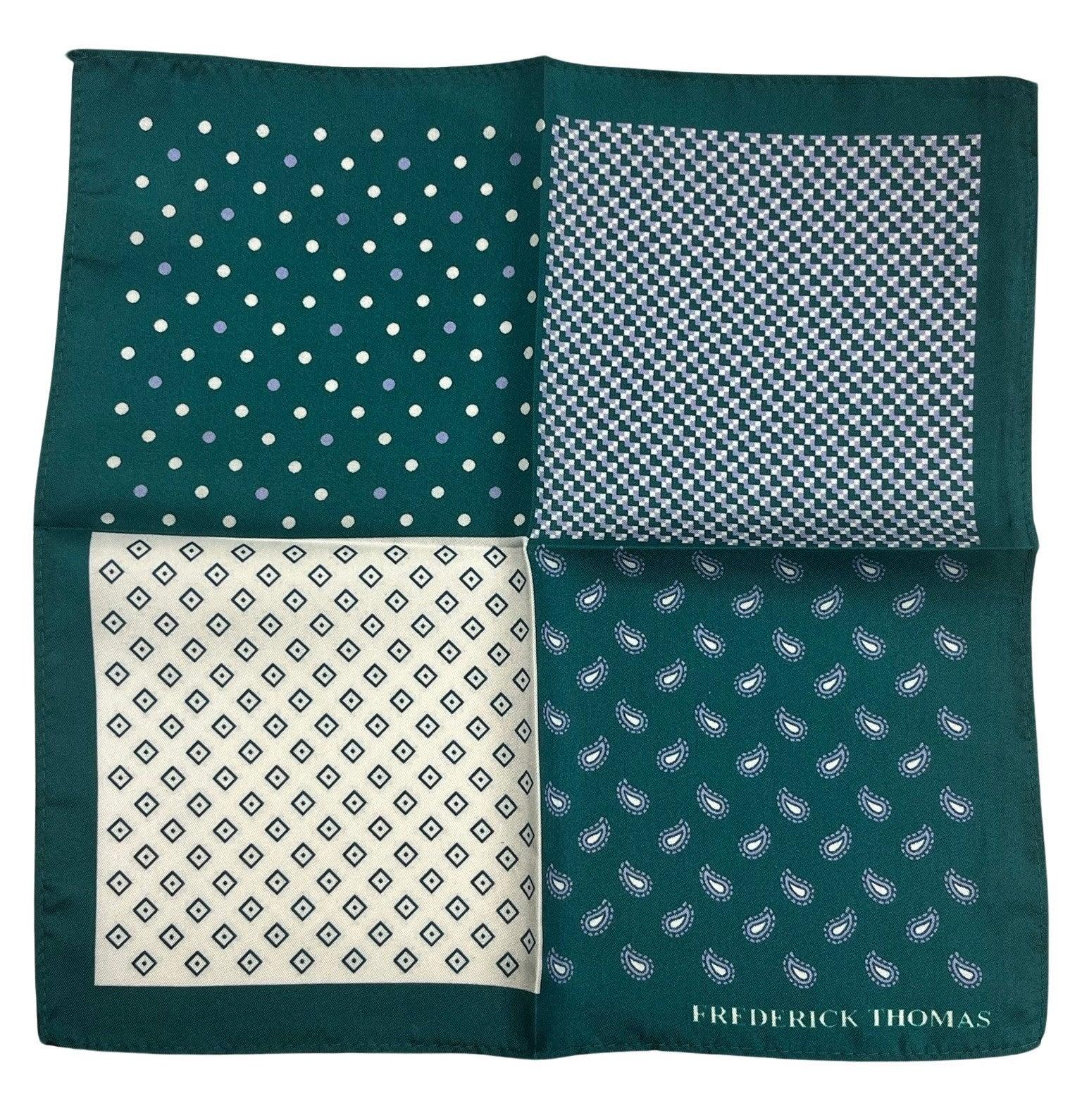 emerald green four square patterned 100% silk pocket square - Image 2