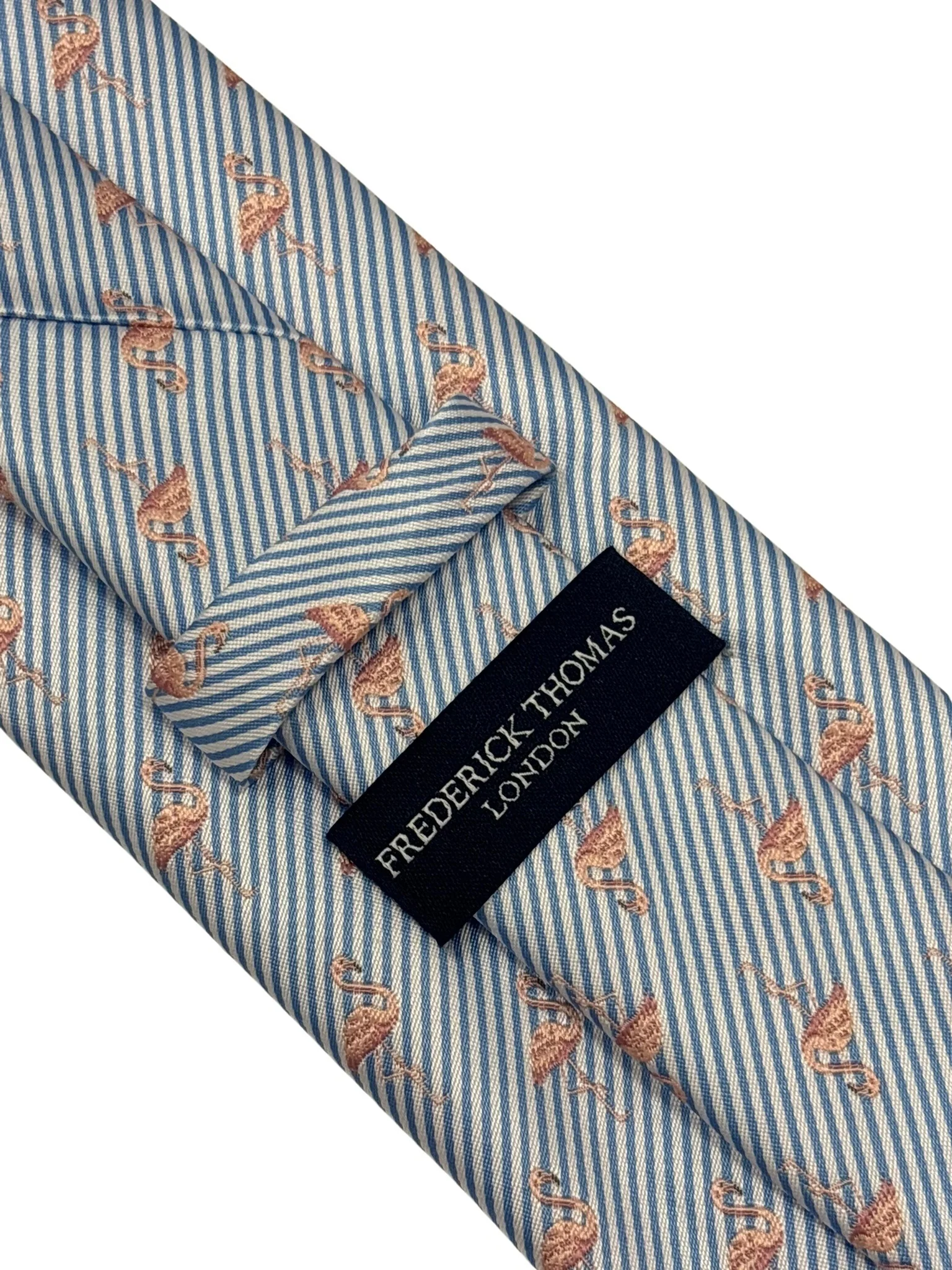 light blue and white pin striped tie with pink flamingo design - Image 4