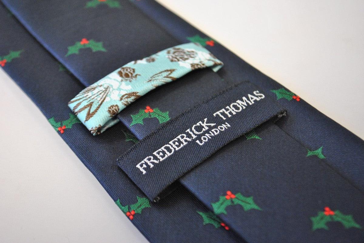 christmas range - navy christmas tie with holly design - Image 4