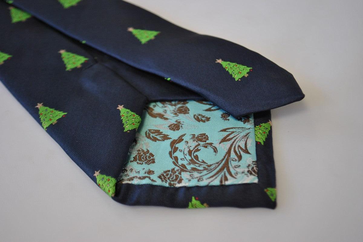 christmas range - navy tie with christmas tree design - Image 3