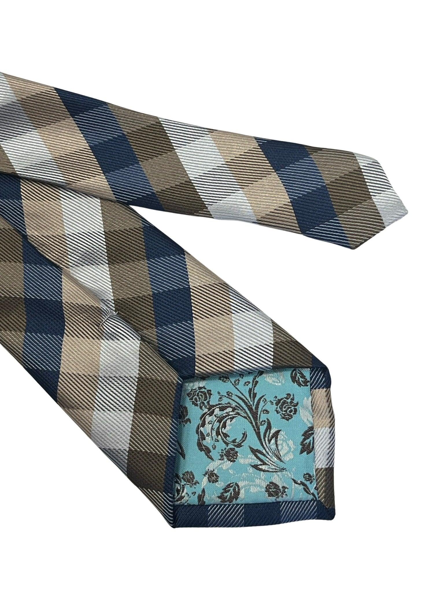 Gold, silver and navy dark blue plaid checked tie - Image 5