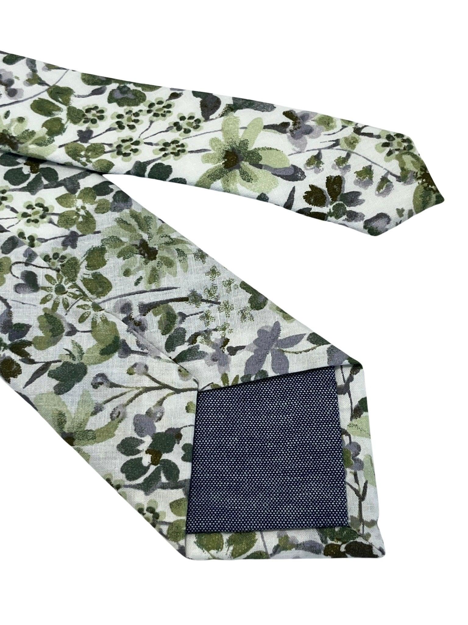 Green and white tie with wildflower English meadow spring floral garden cotton design - Image 5