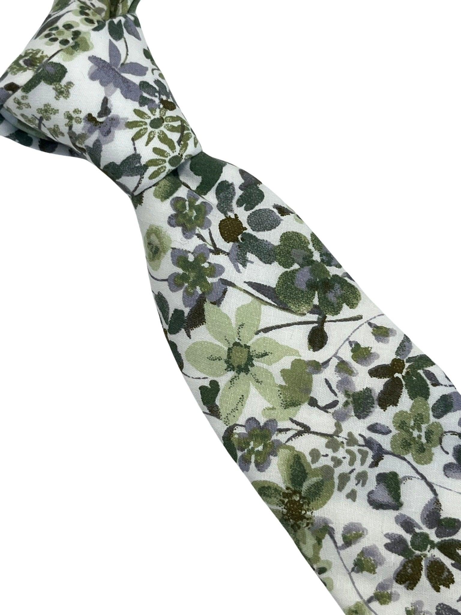 Green and white tie with wildflower English meadow spring floral garden cotton design - Image 6