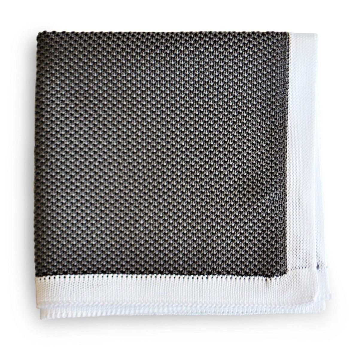 grey knitted pocket square with white edging