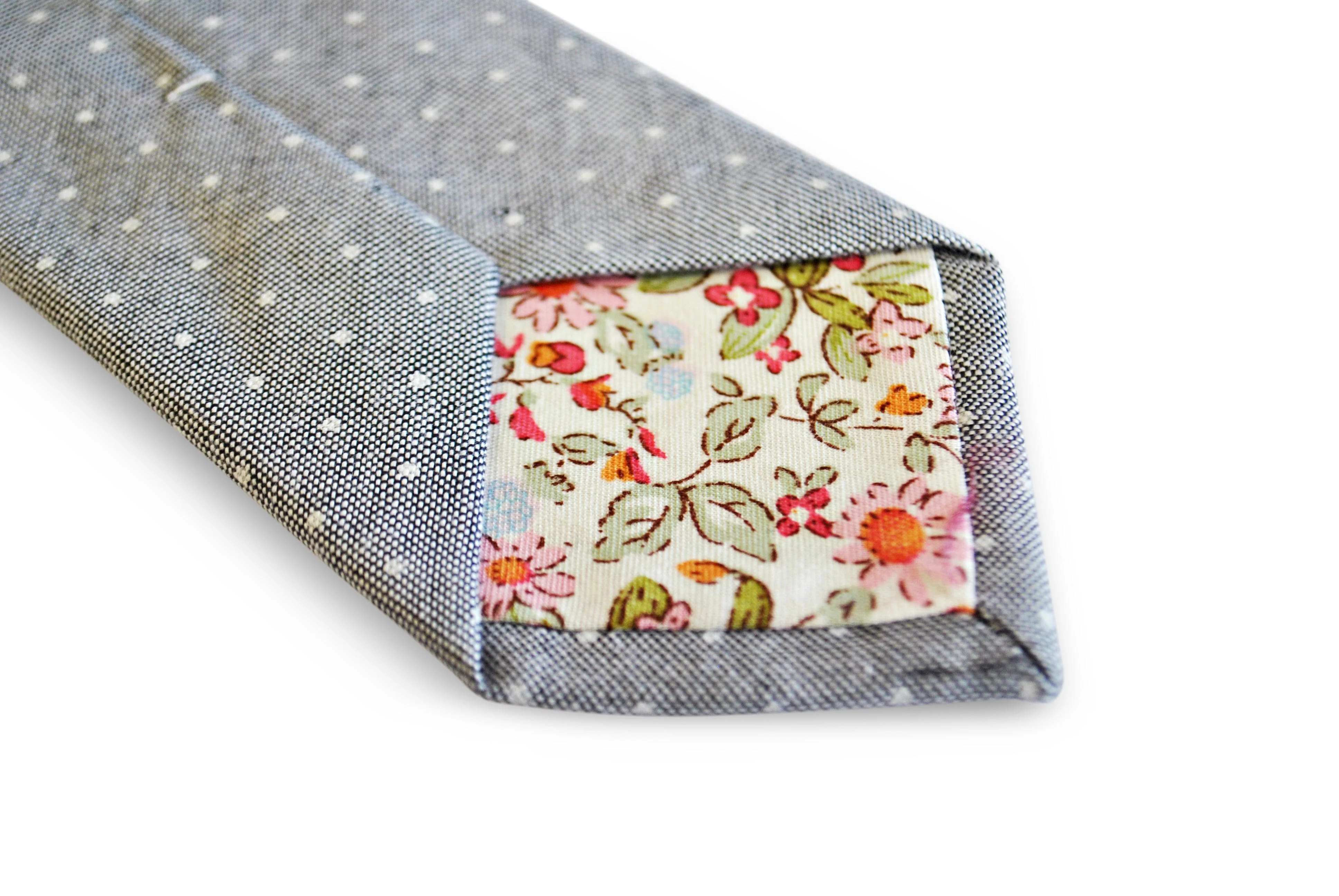 grey tie with white pin spot design in 100% cotton linen - Image 2