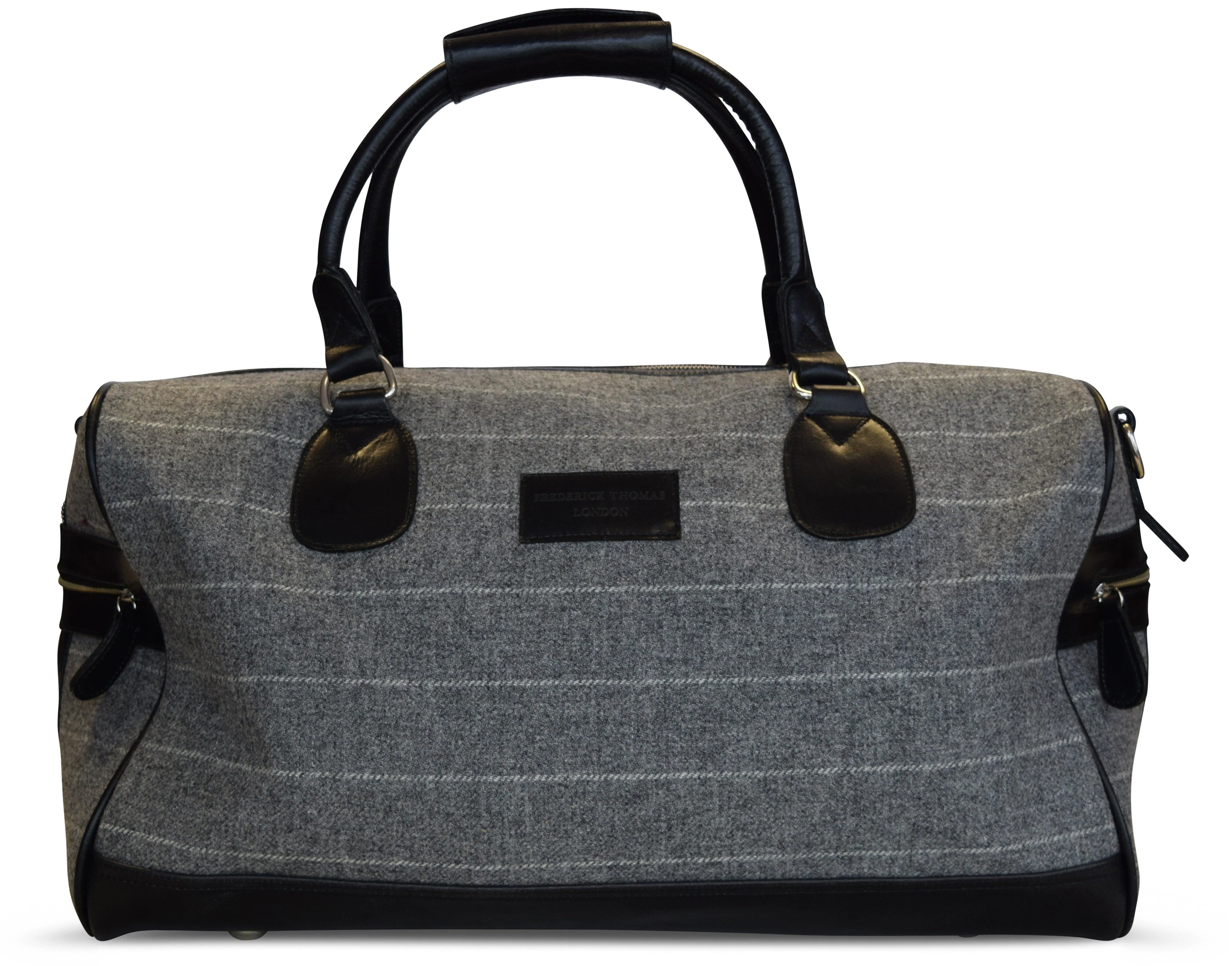 Grey tweed weekend bag with white stripe and matching wash bag - Image 3