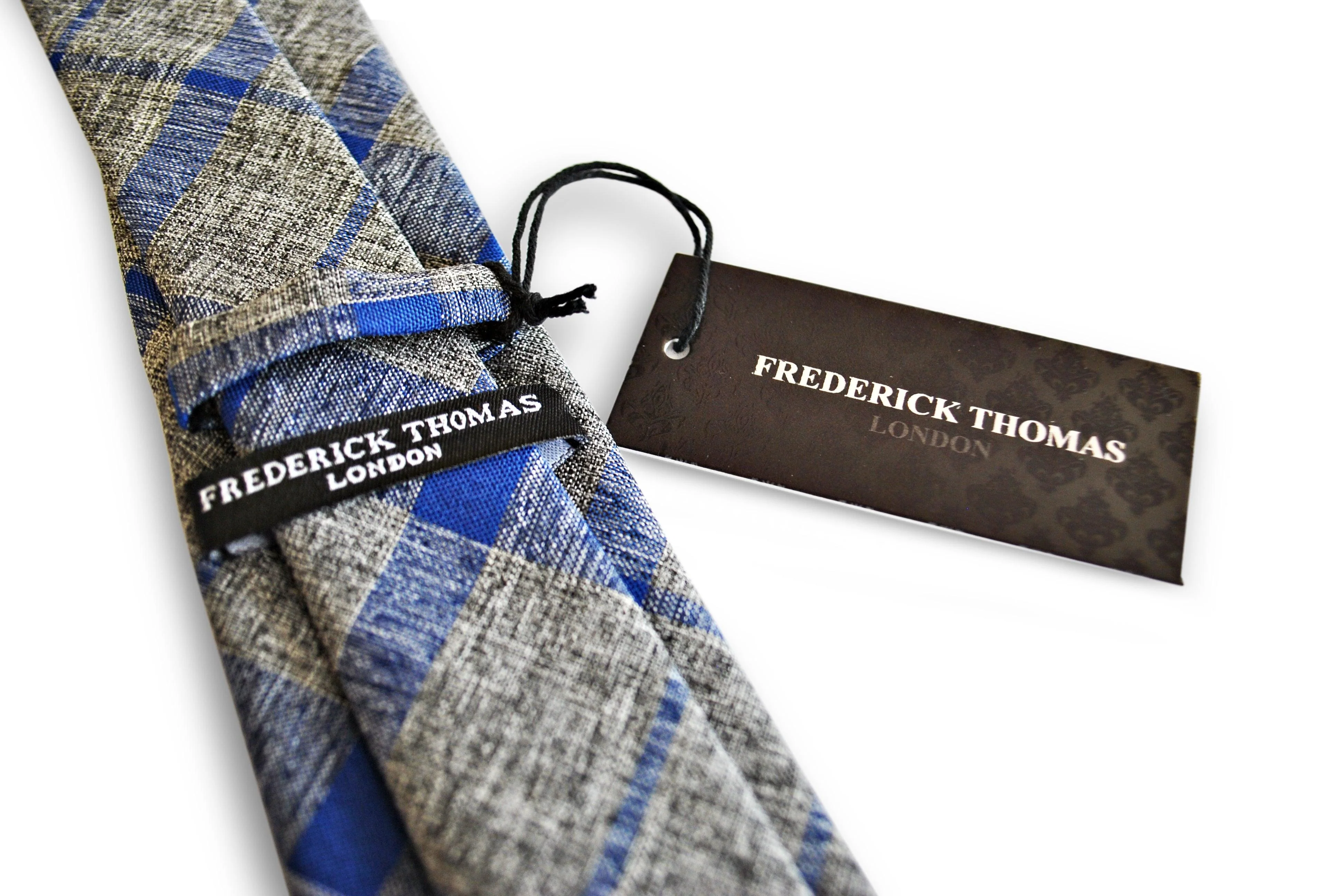 grey with blue check design cotton/linen tie - Image 3