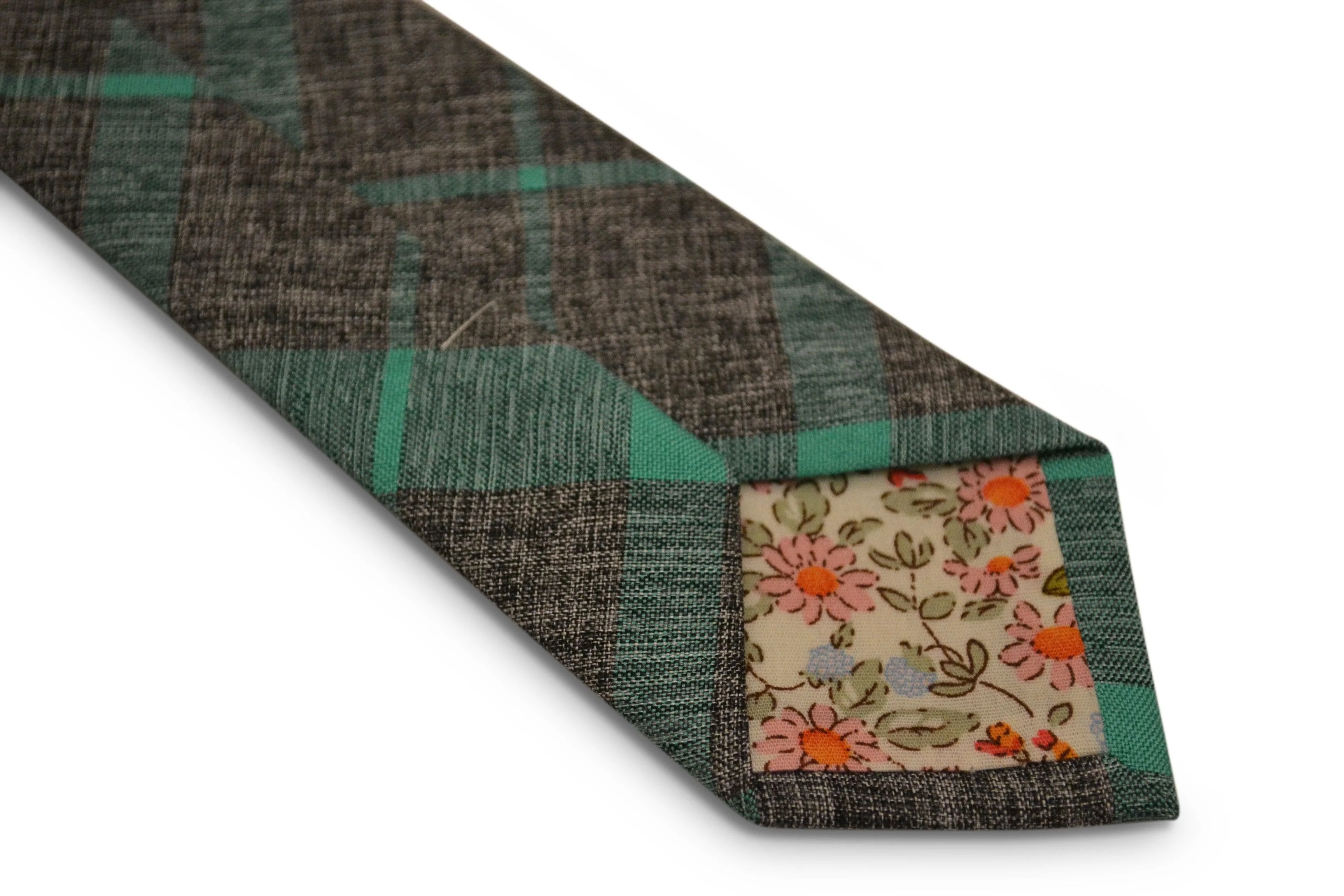 grey with mint green check design cotton tie - Image 2