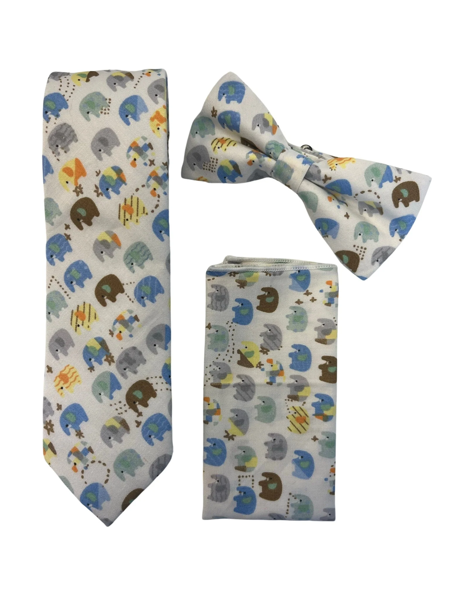 Ivory cotton adult bow tie with colourful elephant design - Image 2