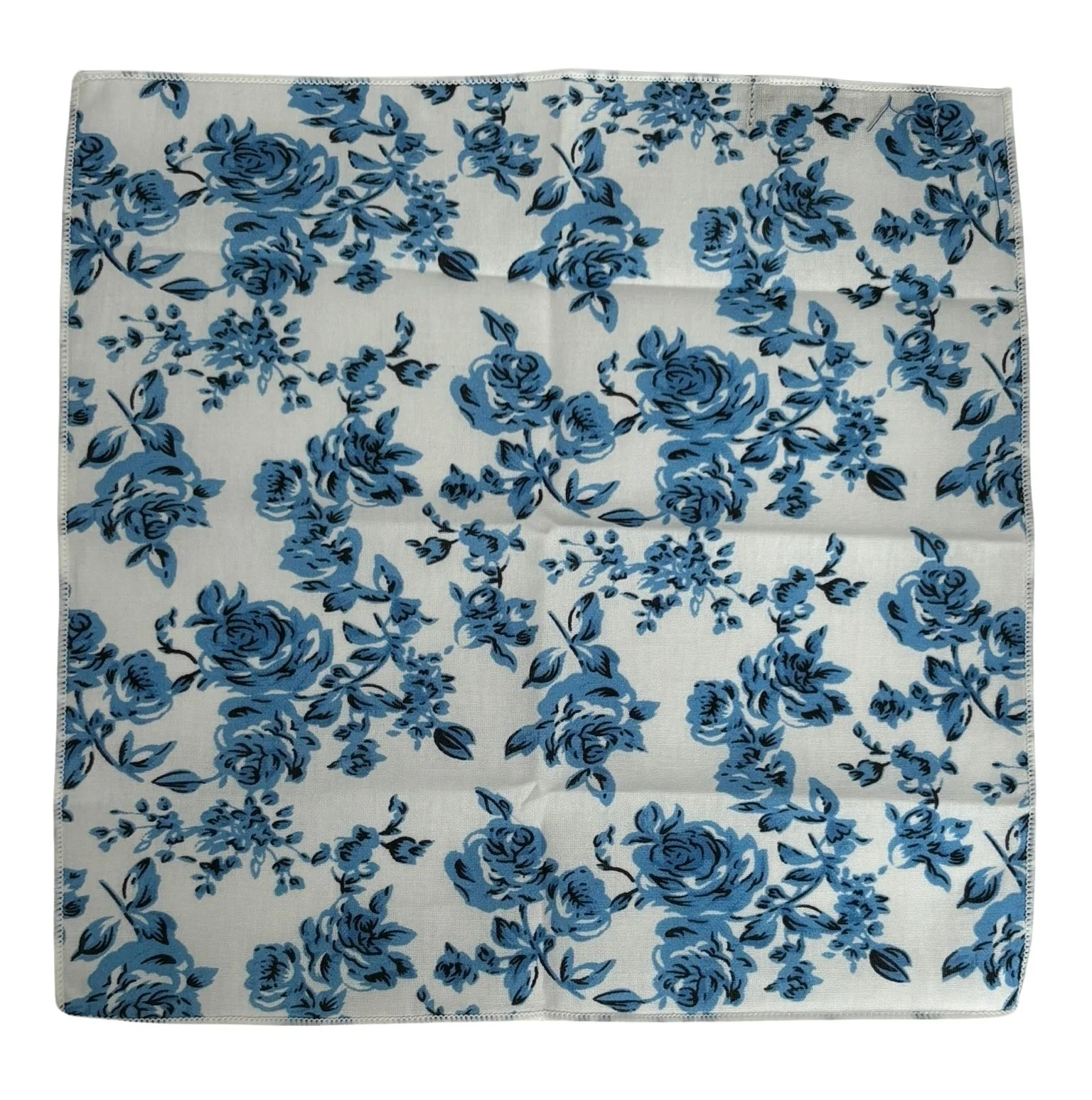 ivory cotton pocket square with blue rose design - Image 2