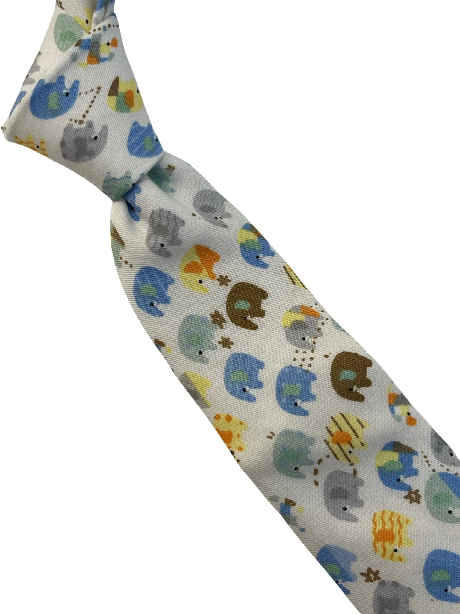 Ivory cotton tie with colourful elephants design - Image 2