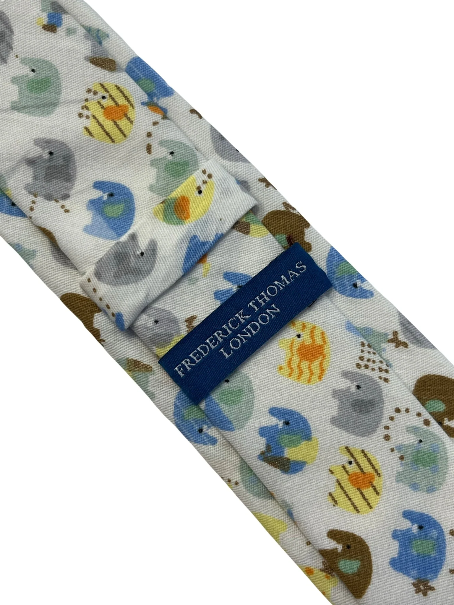 Ivory cotton tie with colourful elephants design - Image 5