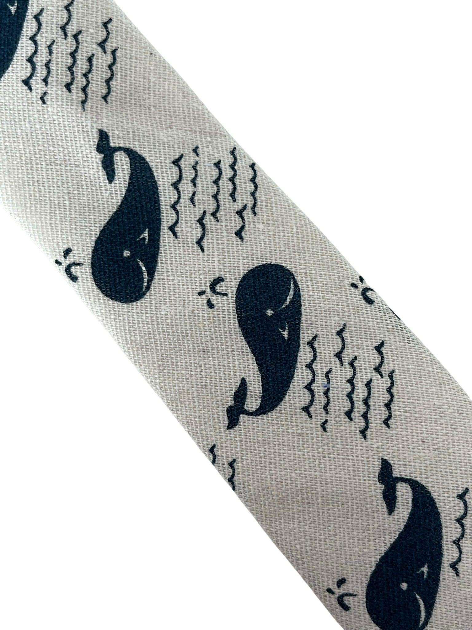 ivory cream cotton tie with blue whale nautical design - Image 2