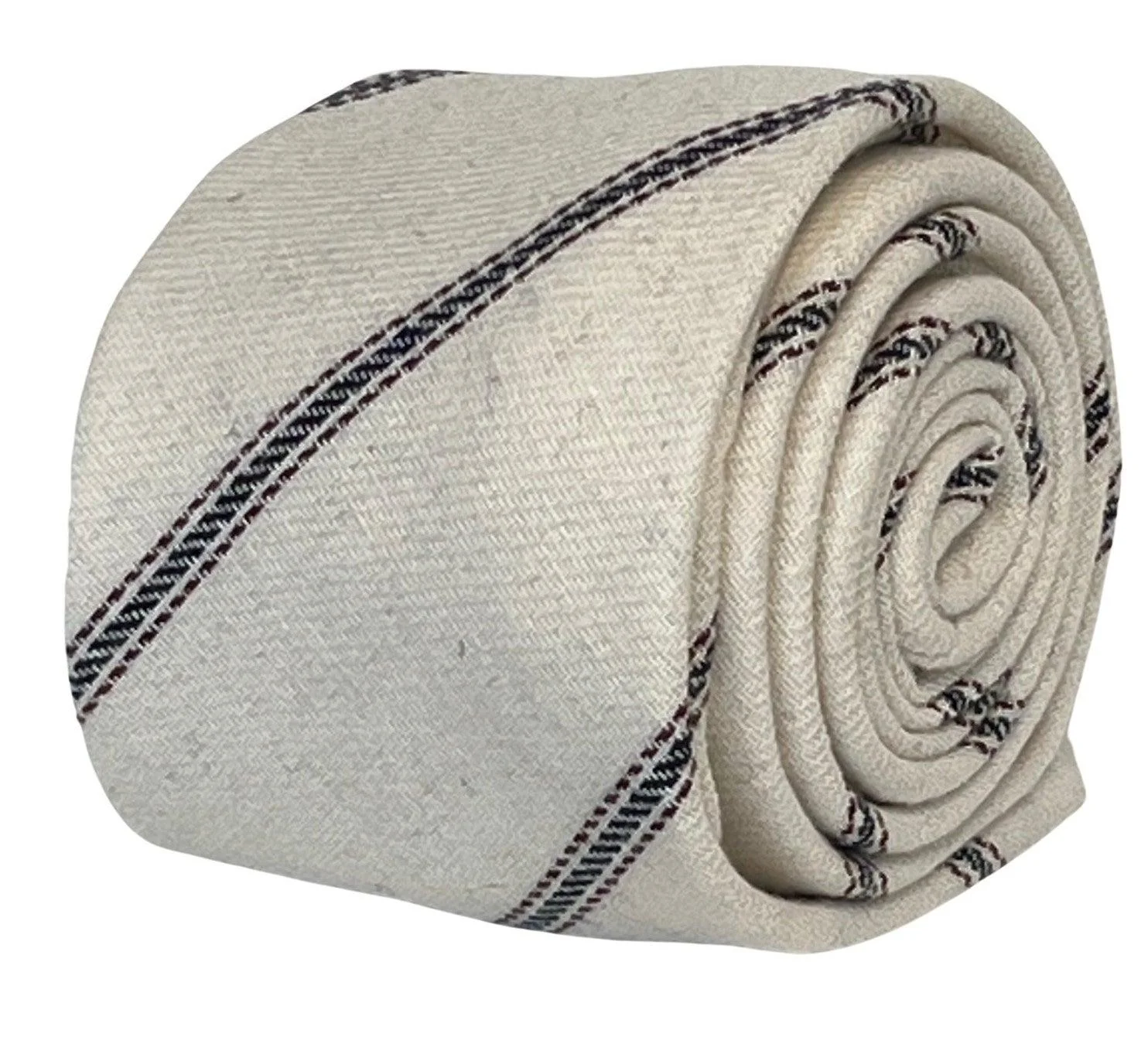 ivory cream cotton tie with navy and fine red stripe design