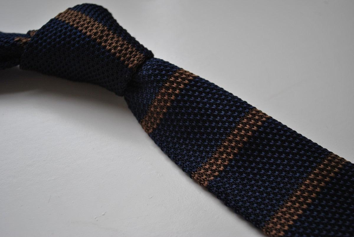 navy blue and brown striped skinny knitted tie - Image 2