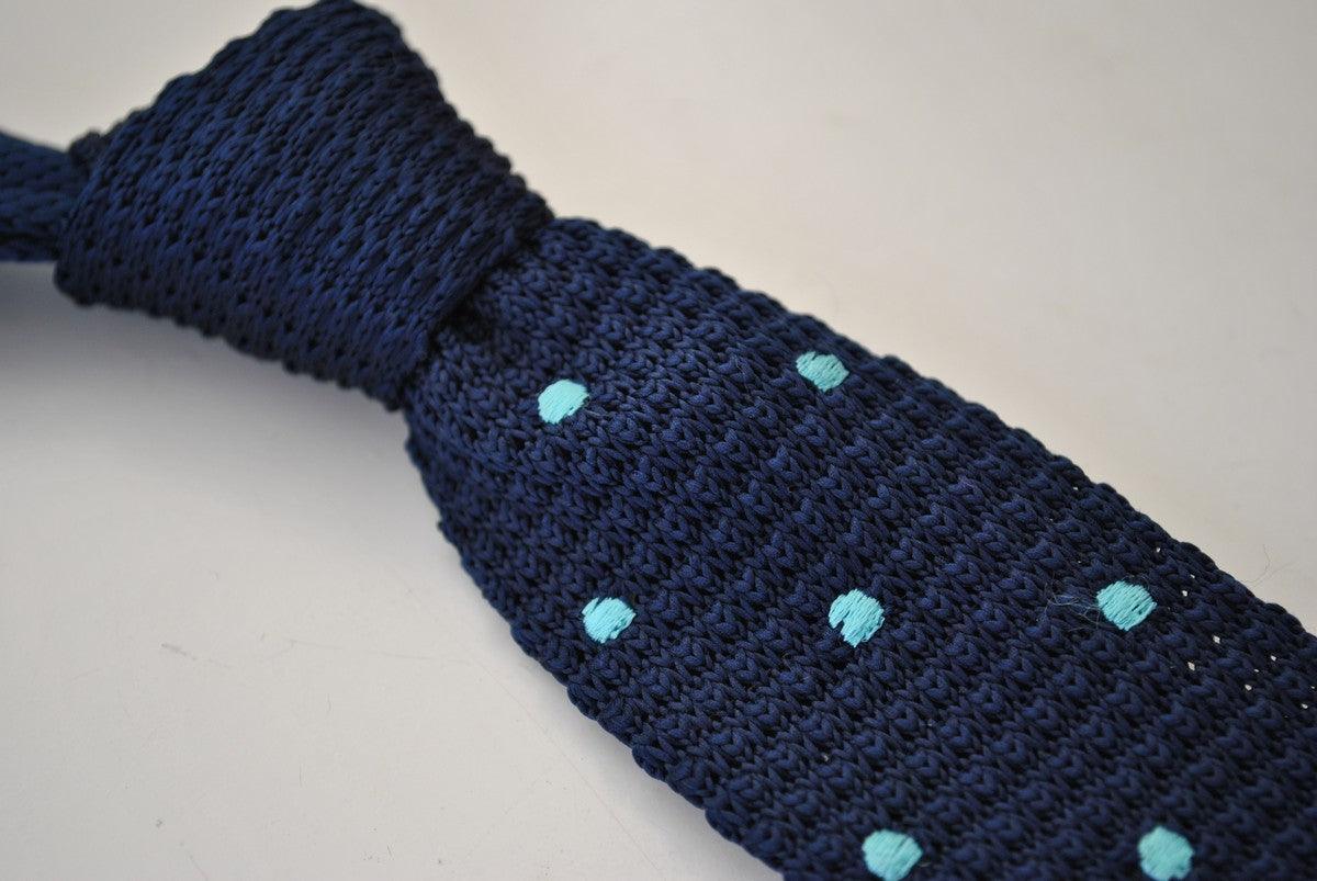 knitted navy blue tie with light blue polka dots - Image 2