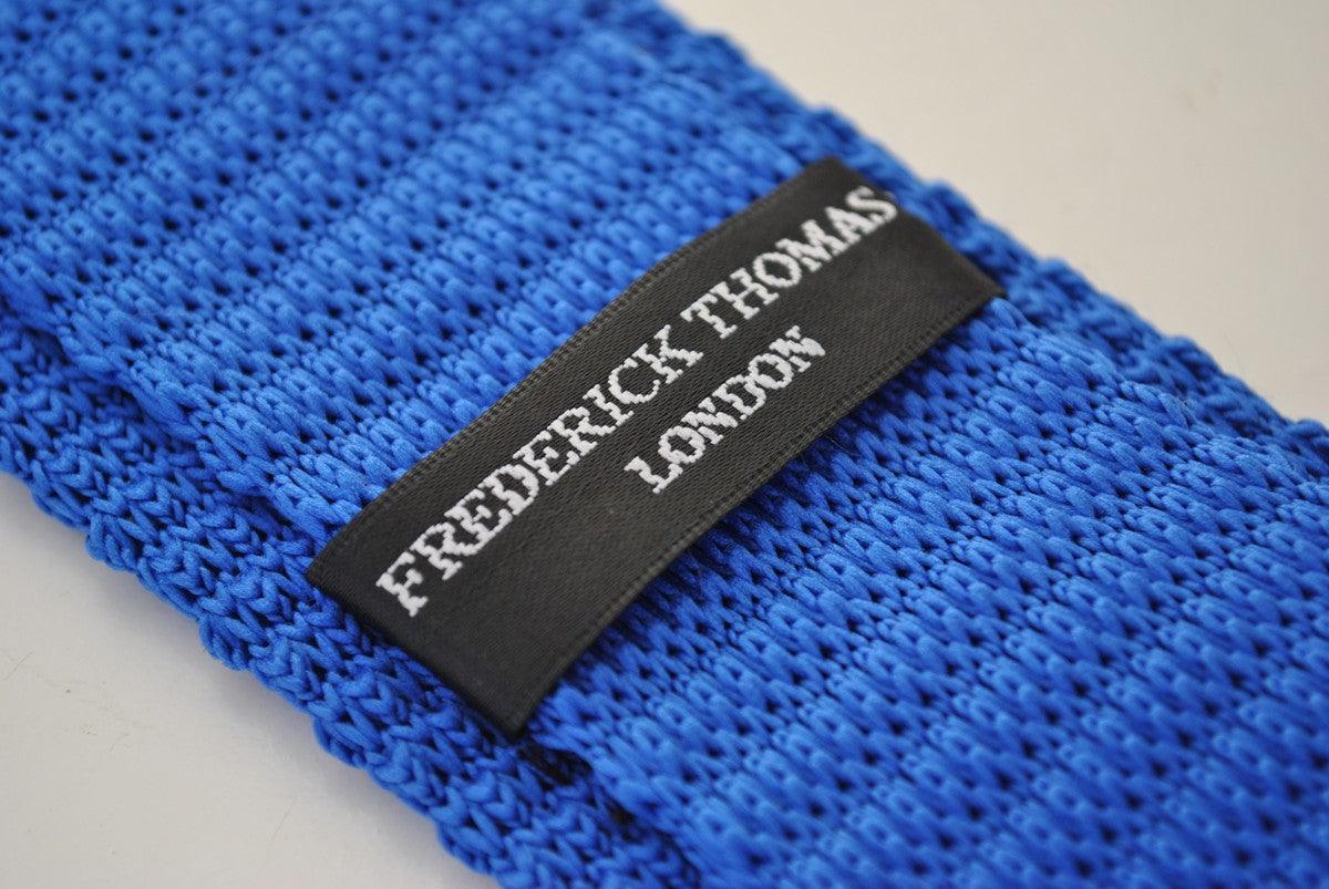 royal electric blue skinny knitted  tie with white polka dots - Image 2