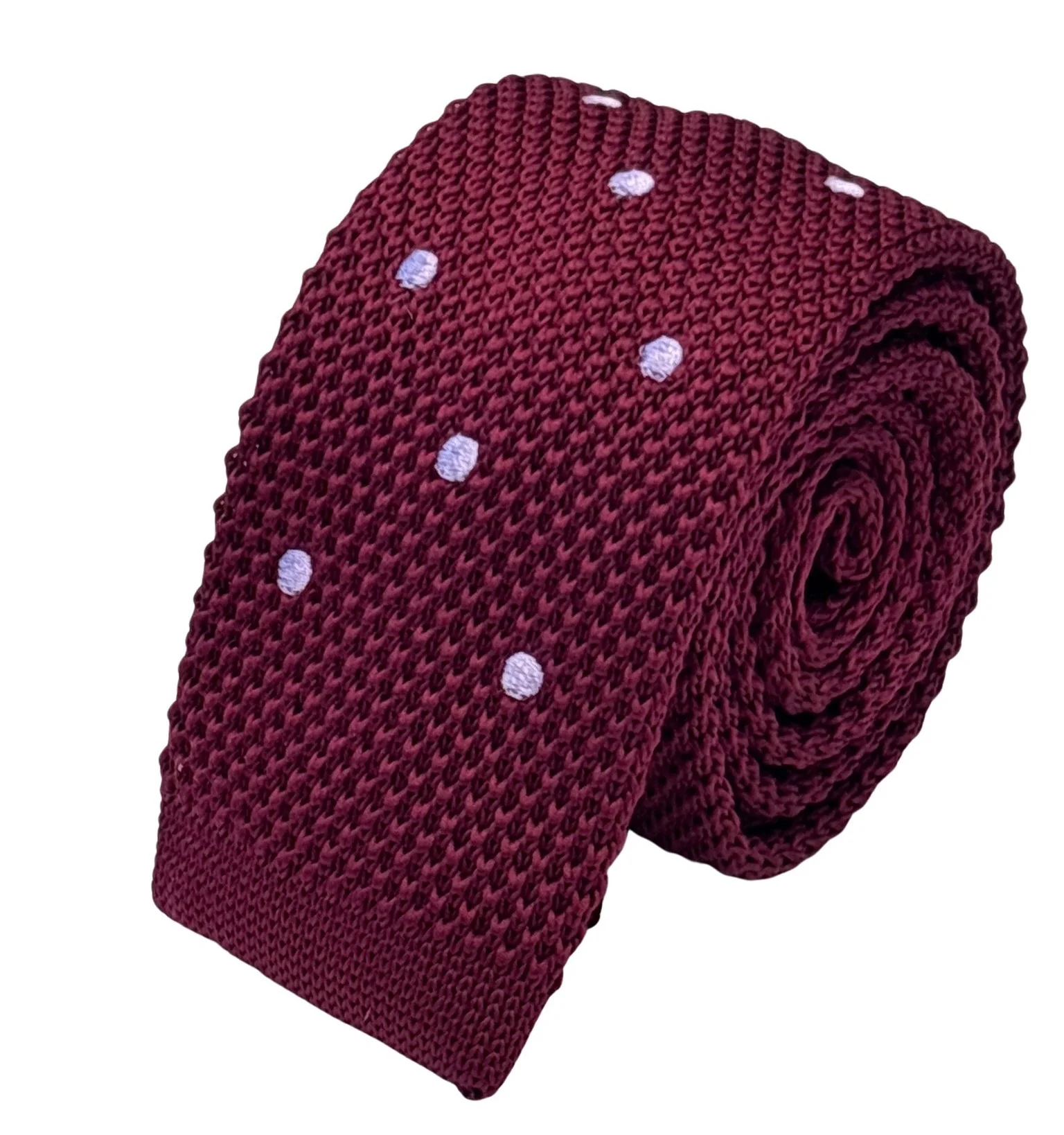 knitted tie in maroon burgundy with lilac polka spots - Image 2
