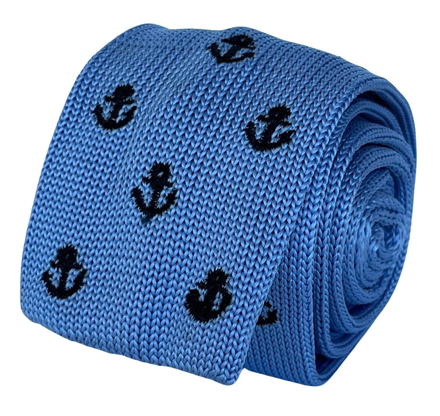 light baby blue knitted tie with nautical anchor embroidered design - Image 5