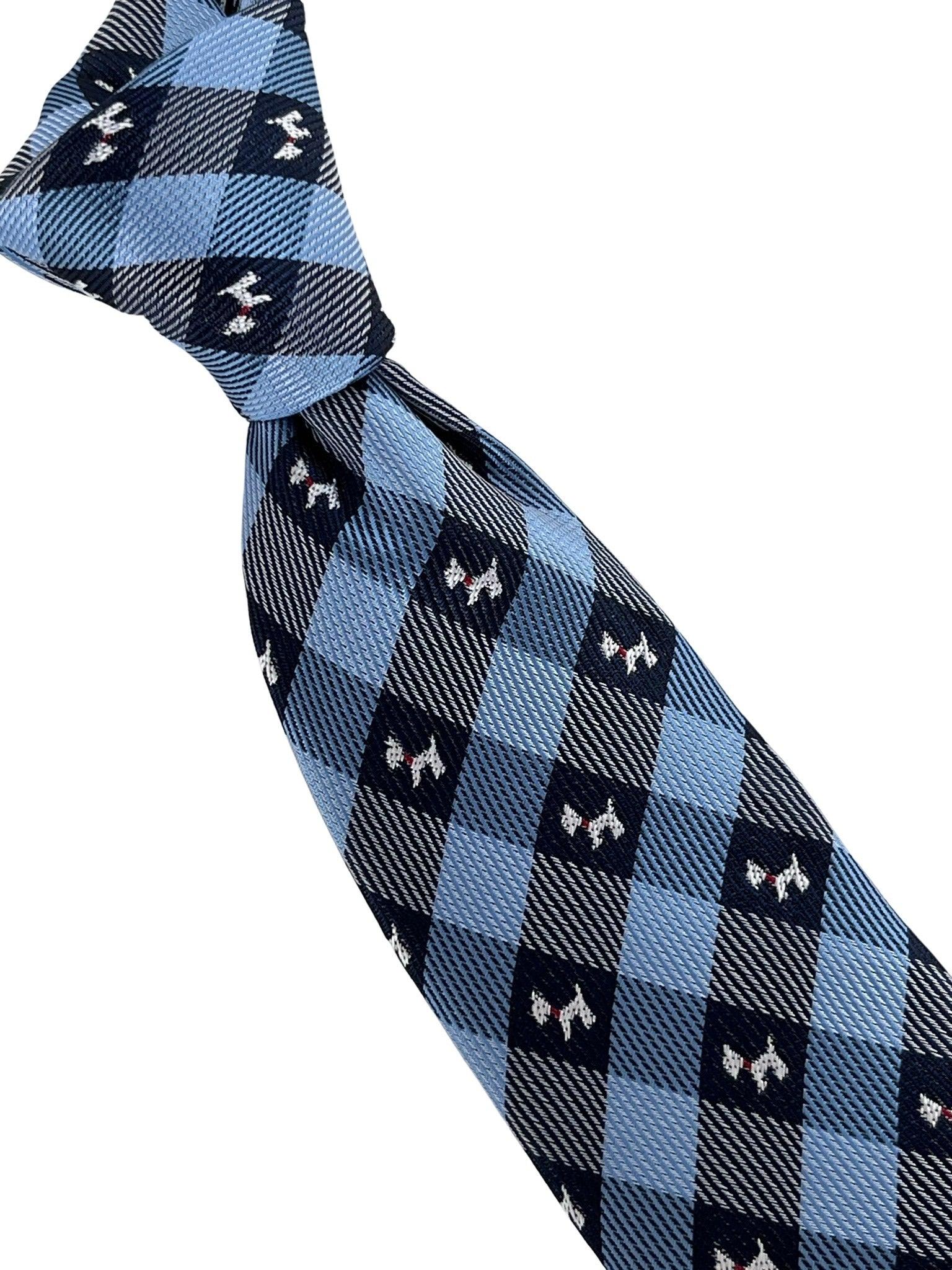 light blue  and dark navy blue plaid gingham style tie with Scottie dog Scottish Terrier design - Image 2